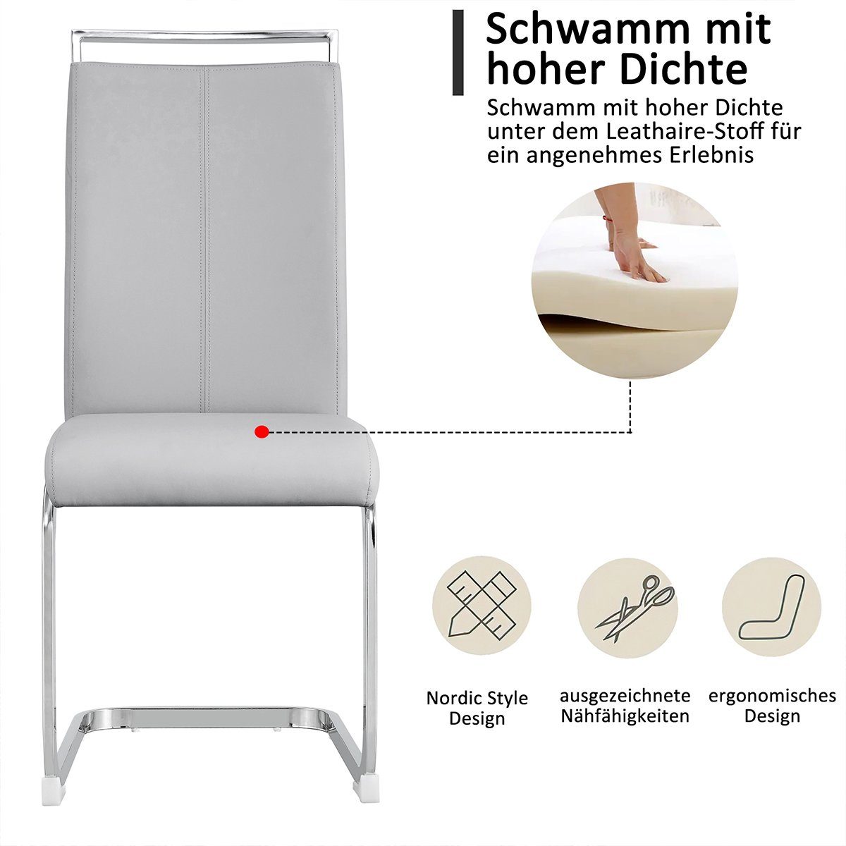 Esszimmerstühle 4 Rücklehne Stuhl, PU Side Chair Set Moderne aus XDeer Freischwinger Hellgrau Eleganter Gepolstert Kunstleder