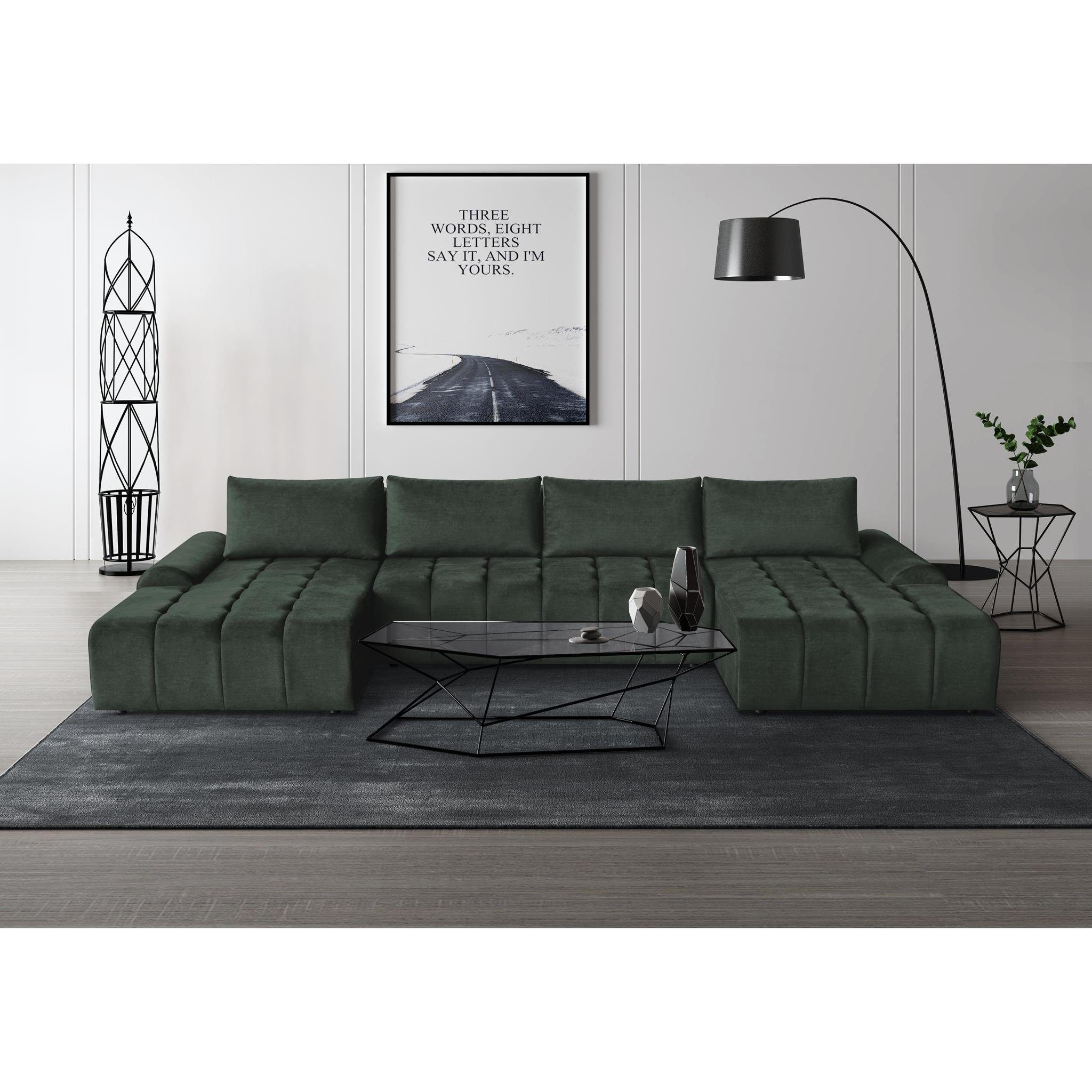 Beautysofa Ecksofa Costa U, inkl. Schlaffunktion, Bettkasten, modernes Lounge-Ecke für Wohnzimmer, U-Form Polsterecke aus Velourstoff, Wohnlandschaft Grün (vogue 11)