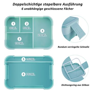 CALIYO Lunchbox Lunchbox, 1550ml Auslaufsichere Stapelbare Bento Box, Lebensmittelbehälter mit 6 Fächern, Besteck & Saucentopf-Set