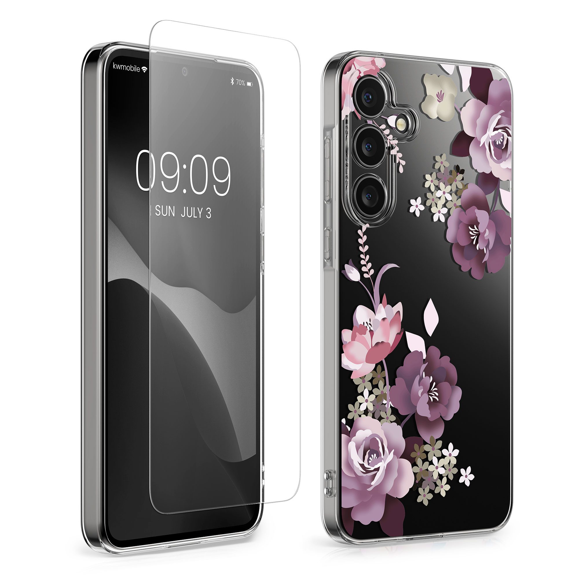 kwmobile Handyhülle Hülle für Samsung Galaxy A55 5G Handyhülle - Silikon, Case mit Schutzfolie Blumenblüten und Rosen Design
