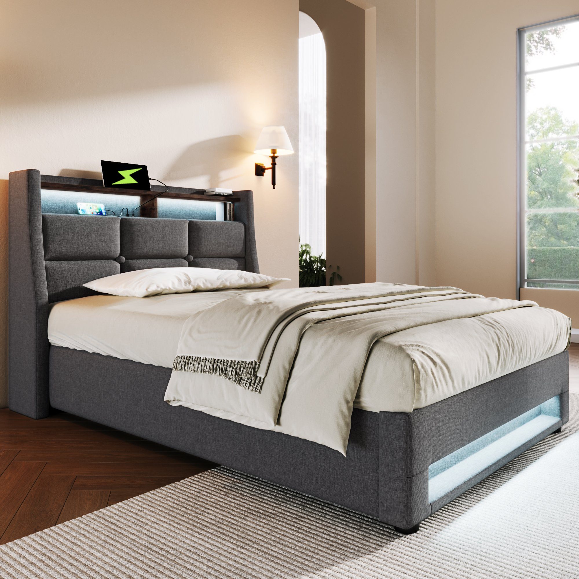 Flieks Polsterbett, Baumwolle-Leinen Bezug Stauraumbett mit USB-Anschluss und LED 90x200cm