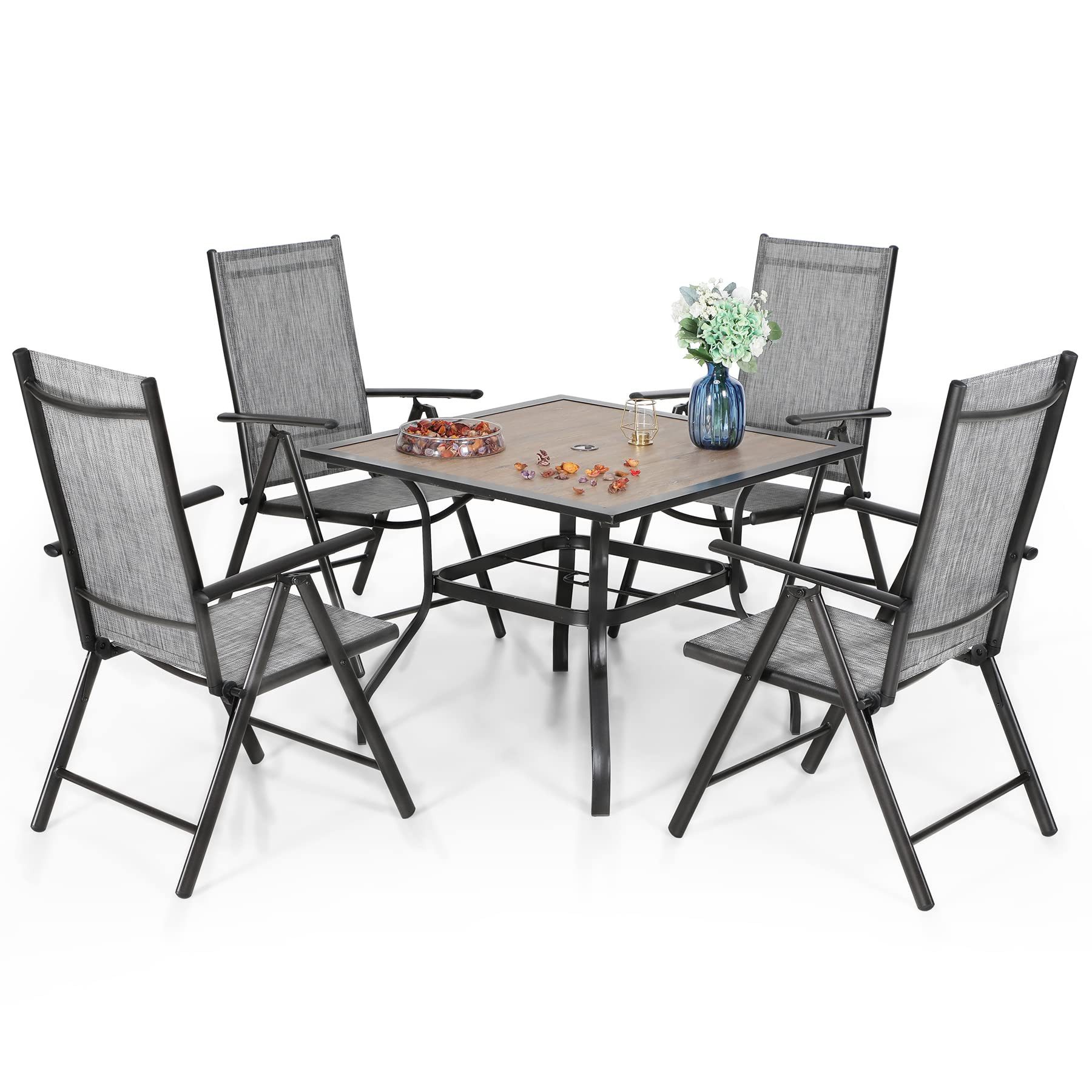 PHI VILLA Garten-Essgruppe, (Quadratischem Holzähnlichem Metall-Tisch mit 4cm Schirmloch), Gartenset Tisch und Stühle für Draußen