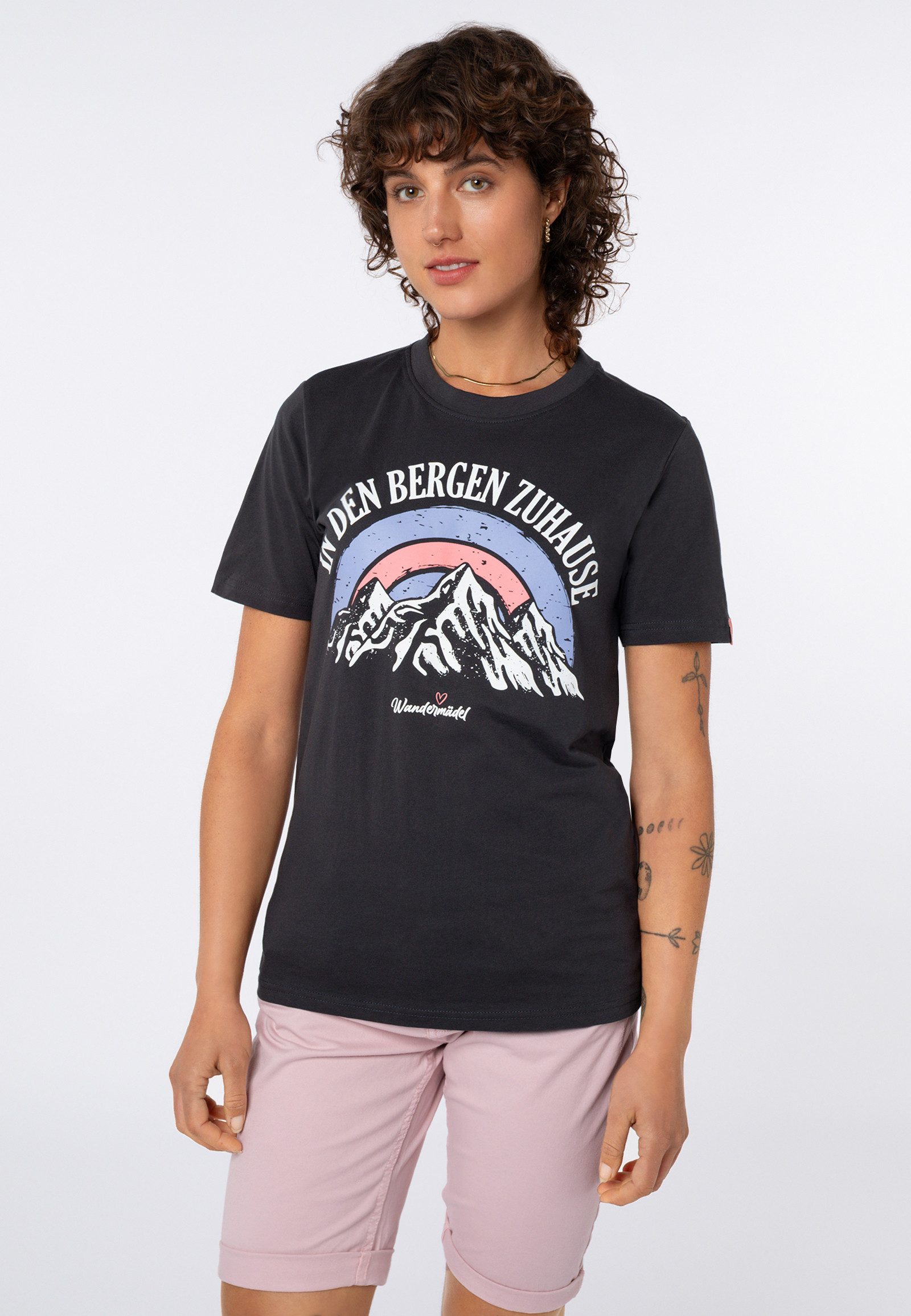 SUBLEVEL T-Shirt Damen Rundhalsshirt mit Bergprint Baumwollshirt mit Bergpanorama und Wander-Statements