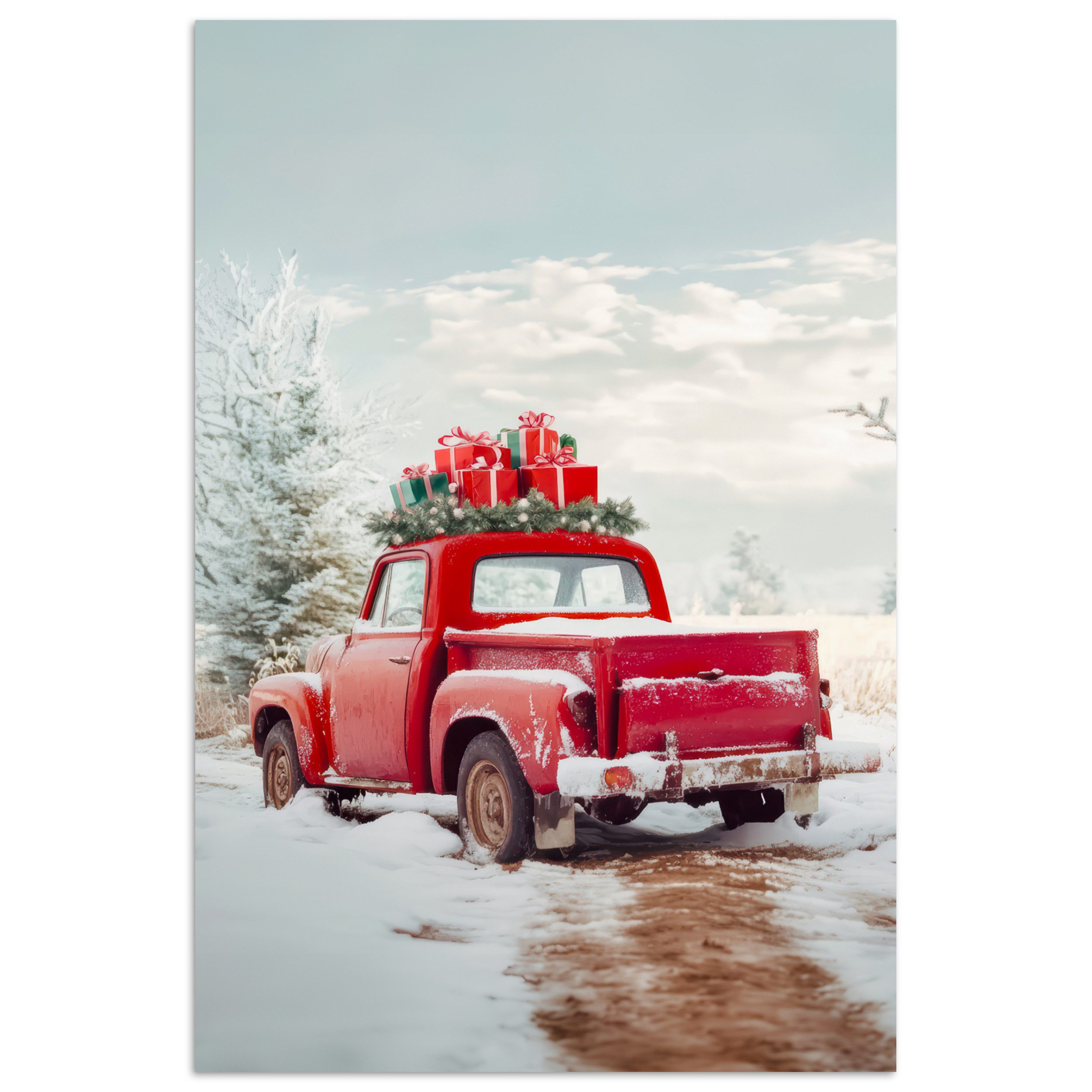MuchoWow Poster Auto - Rot - Geschenke - Winter - Schnee - Weihnachten, (1 St), Poster ohne Rahmen, Wandbild, Wandposter, 20x30 cm