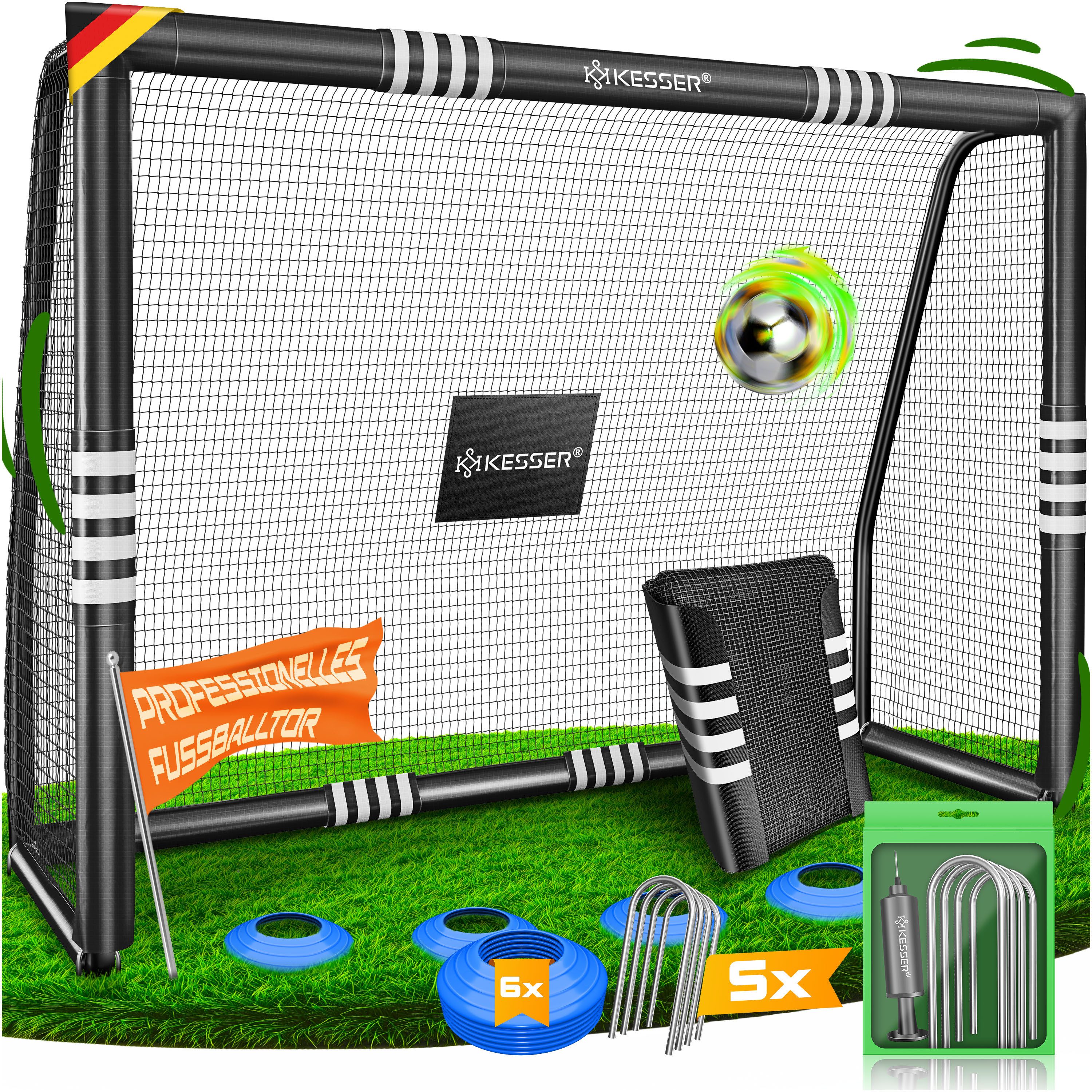 KESSER Fußballtor Hochwertiges Fussballtor mit optionaler Torwand Schusstraining (Stahlrahmen mit Polsterung, Erdhaken, Luftpumpe, Hüttchen), für Kinder und Erwachsene mit UV-beständigem Netz, Montagezubehör