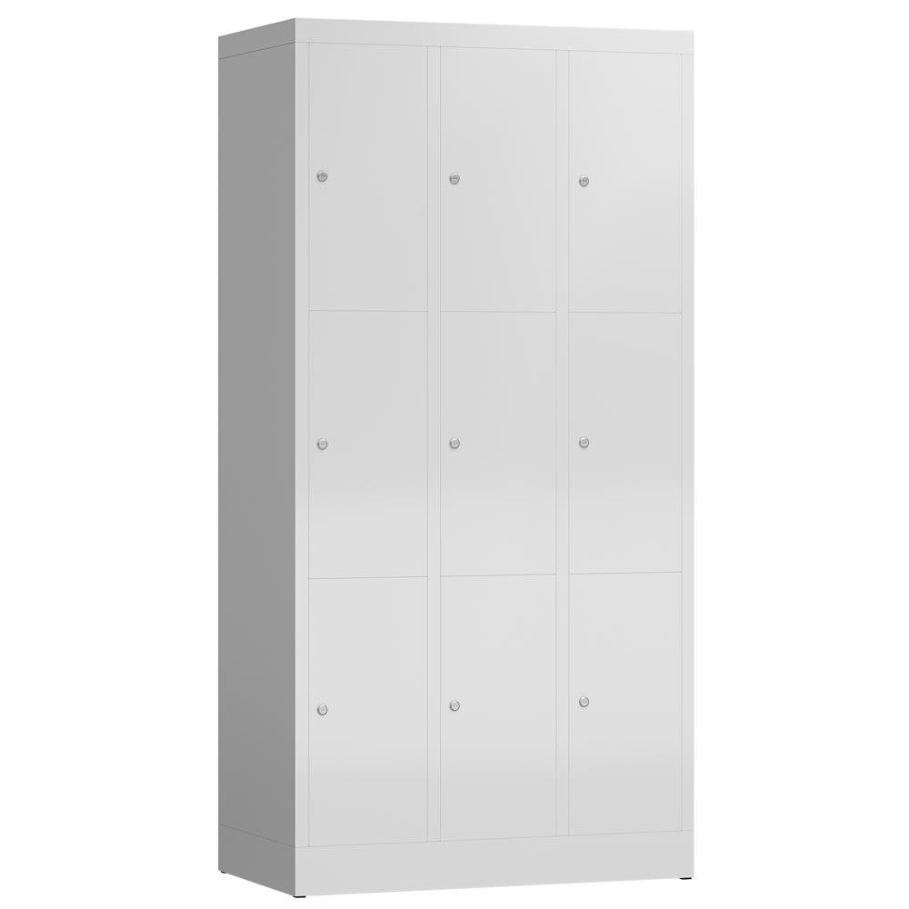 Steelboxx Fächerschrank ClassiX Schließfachschrank, 3 Abteile à 3 Fächer, 1800 x 870 x 500 mm (1-St) Komplett verschweißt und montiert - keine Montage erforderlich Korpus: RAL 7035 Lichtgrau/ Türen: RAL 7035 Lichtgrau | Lichtgrau