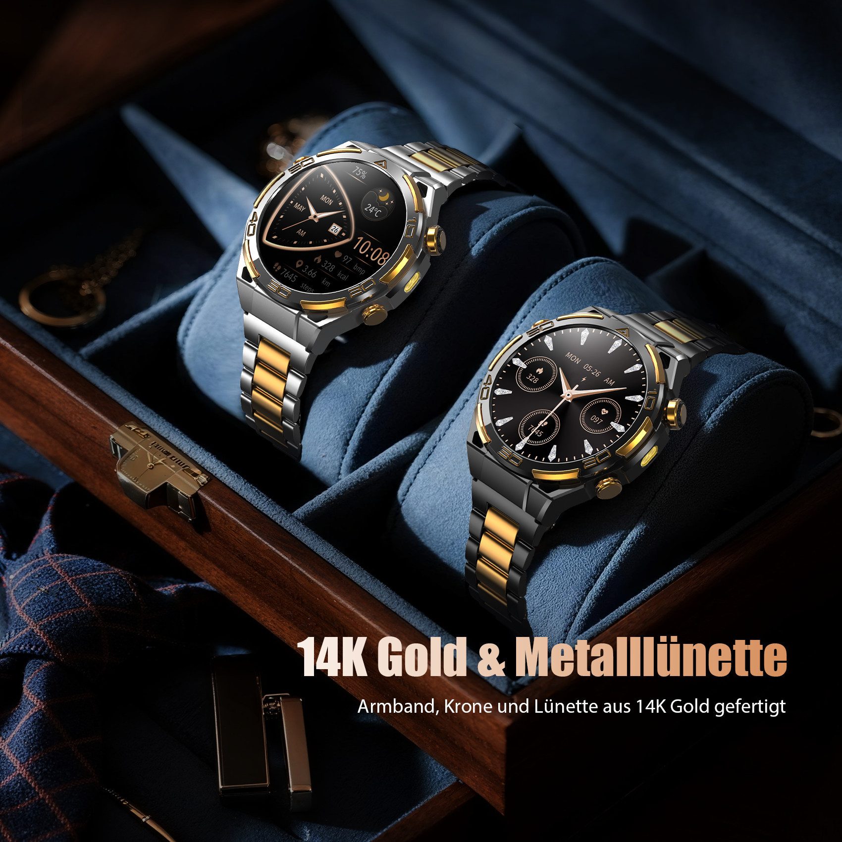 blackview GPS Herren-Smartwatch 2026,1,43" AMOLED, 14K Gold,900mAh Akku,Business Smartwatch (1.43 Zoll) Set, 1-tlg., mit Wechselband aus weichem Silikon und Ladekabel, 15 Tage Akku,Anrufe,HR,SpO2, Blutdruck, LED-Leuchte,2 Armbändern, IP68