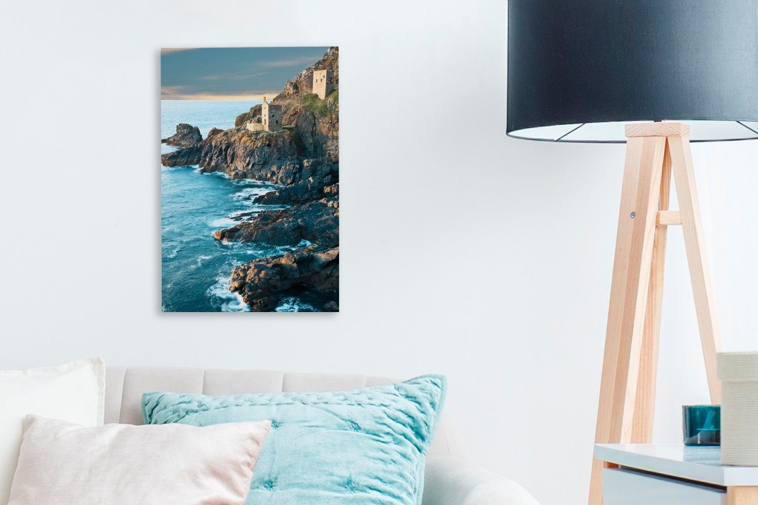 gegen Das Gemälde, Cornwall, cm Leinwandbild Meerwasser Felsen 20x30 von bespannt fließt inkl. (1 fertig Leinwandbild Zackenaufhänger, die OneMillionCanvasses® St),