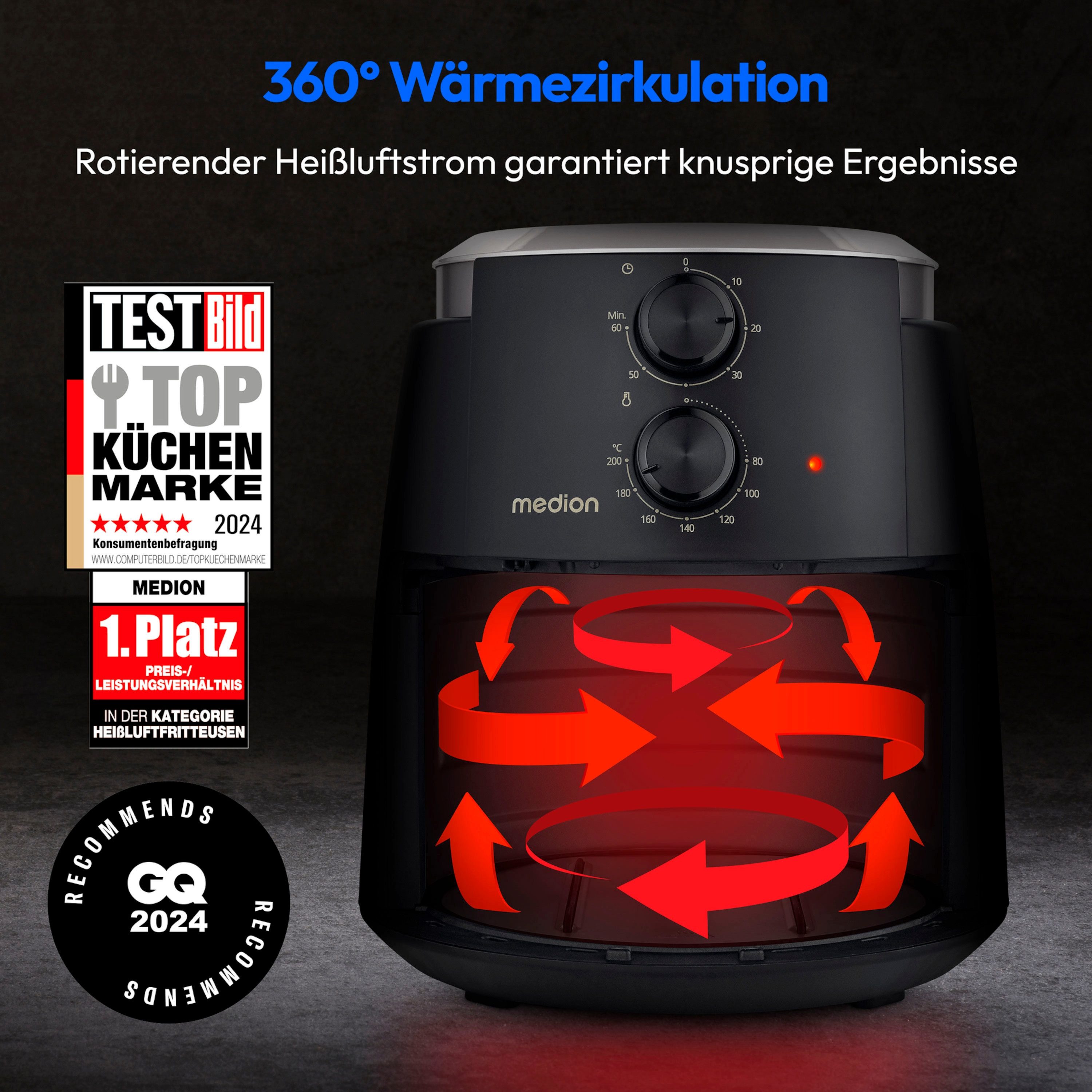 Medion® Heißluftfritteuse MD13020, 1500 W, 4,7 Liter, 1500 Watt, 60 Min Timer, Antihaft-Beschichtung, schwarz