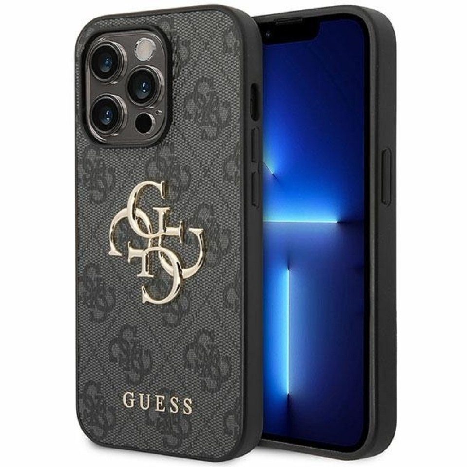 Guess Handyhülle Case iPhone 15 Pro Kunstleder grau mit goldfarbenem Muster 6,1 Zoll, Kantenschutz