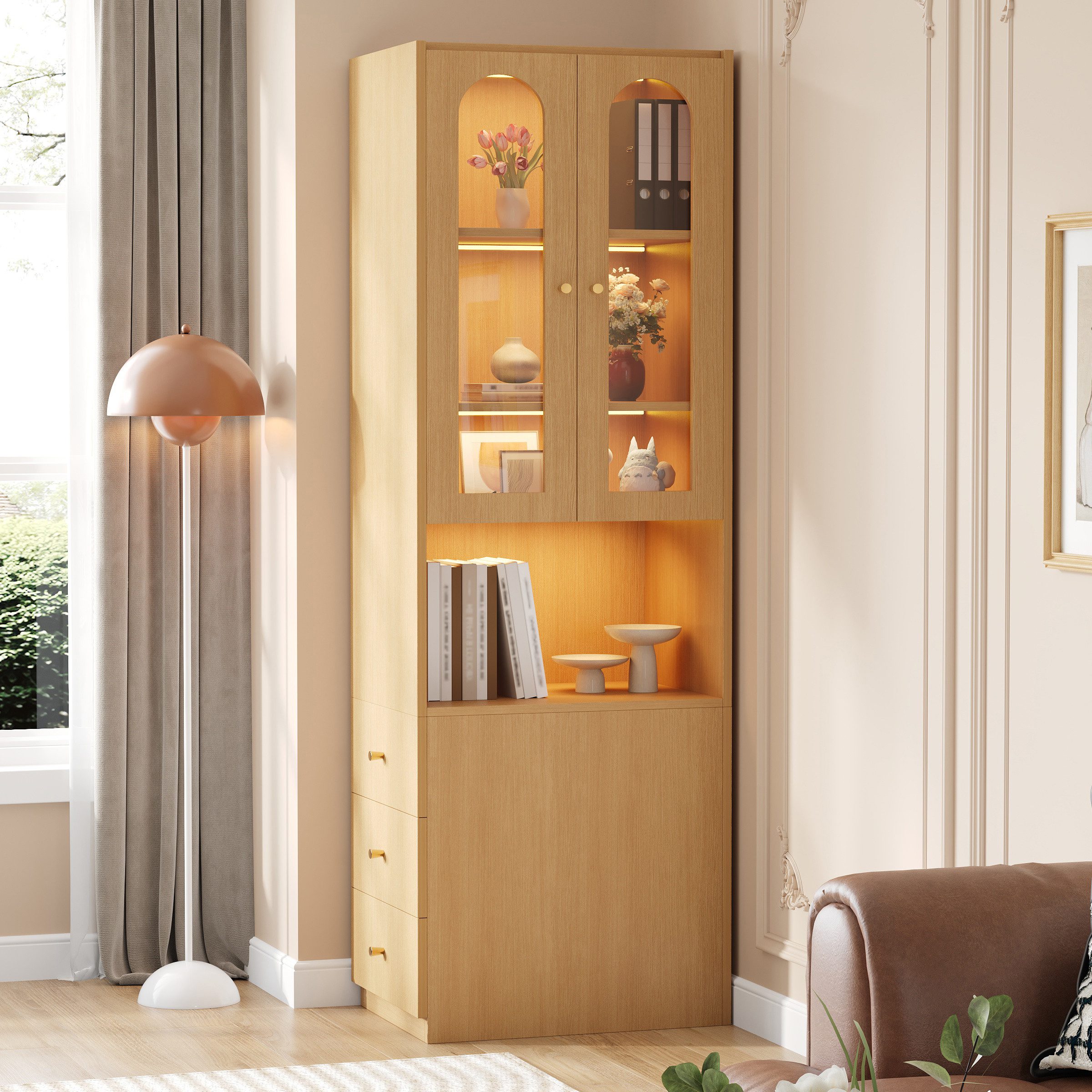 Flieks Eckschrank mit LED-Beleuchtung, Glastüren, Schubladen, links&rechts austauschbar (1-St., B60/T40/H200 cm) Bücherregal Hochschrank Glasvitrine Mehrzweckschrank Holzoptik