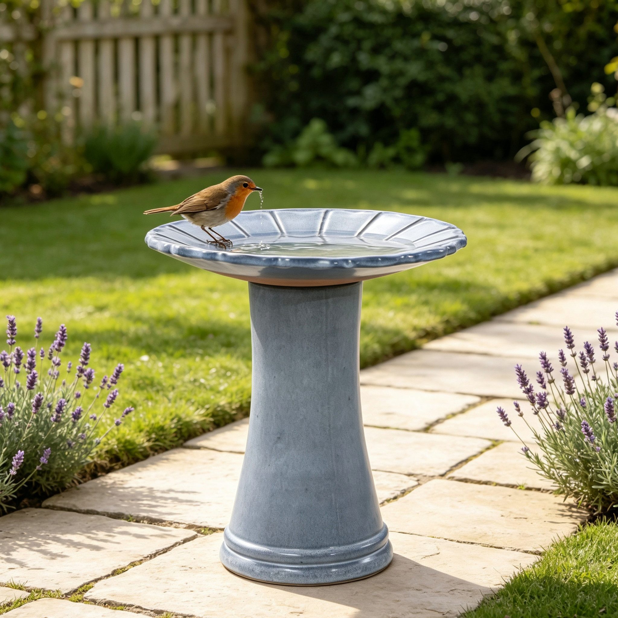 Blossom Vogeltränke handgefertigte Vogelbad Keramik Ø43×45 cm, frostsicher wetterfestes, Vogelbad mit Standfuß, Hellblaugrau, für Garten Terrasse Balkon