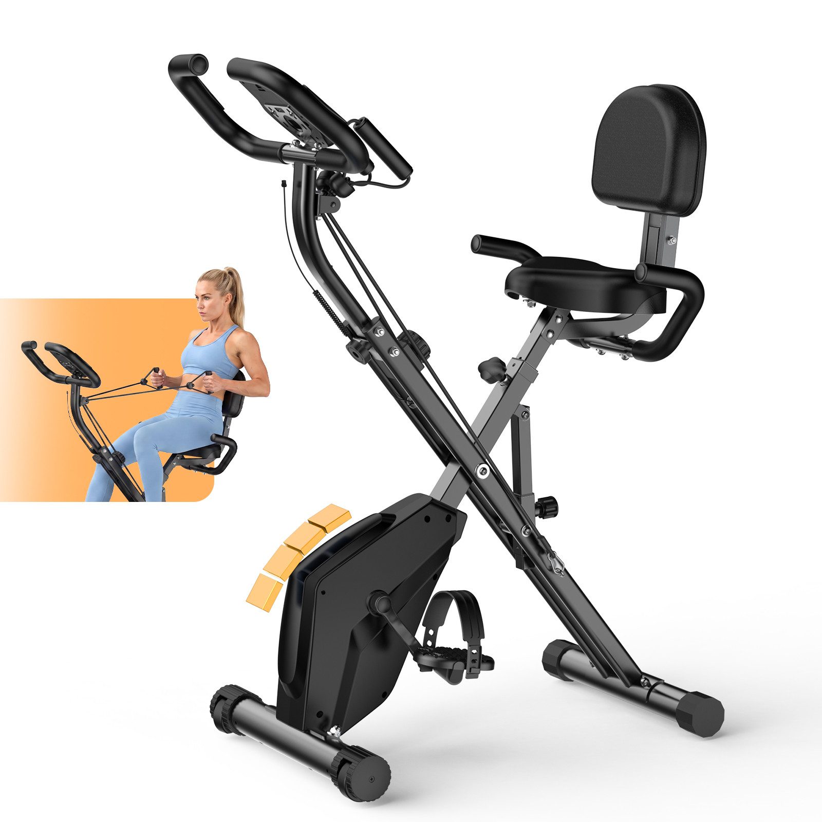 Gywowken Heimtrainer - 4-in-1 X-BIKE Fahrrad Klappbar für Zuhause (Packung, mit 16 Stufen verstellbarem Magnetwiderstand und Spannseil), - 150kg Belastbar - LCD-Display - Handpulssensoren