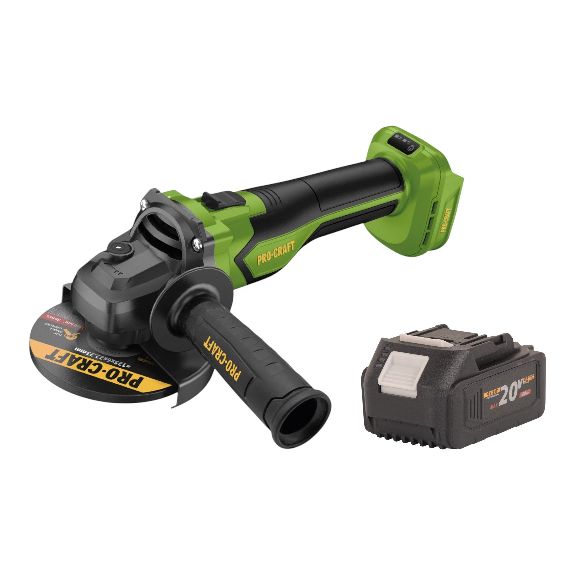 PRO CRAFT Akku-Winkelschleifer PGA22-BB Akku Winkelschleifer 20 V 125 mm Brushless + 1x Akku 4,0 Ah