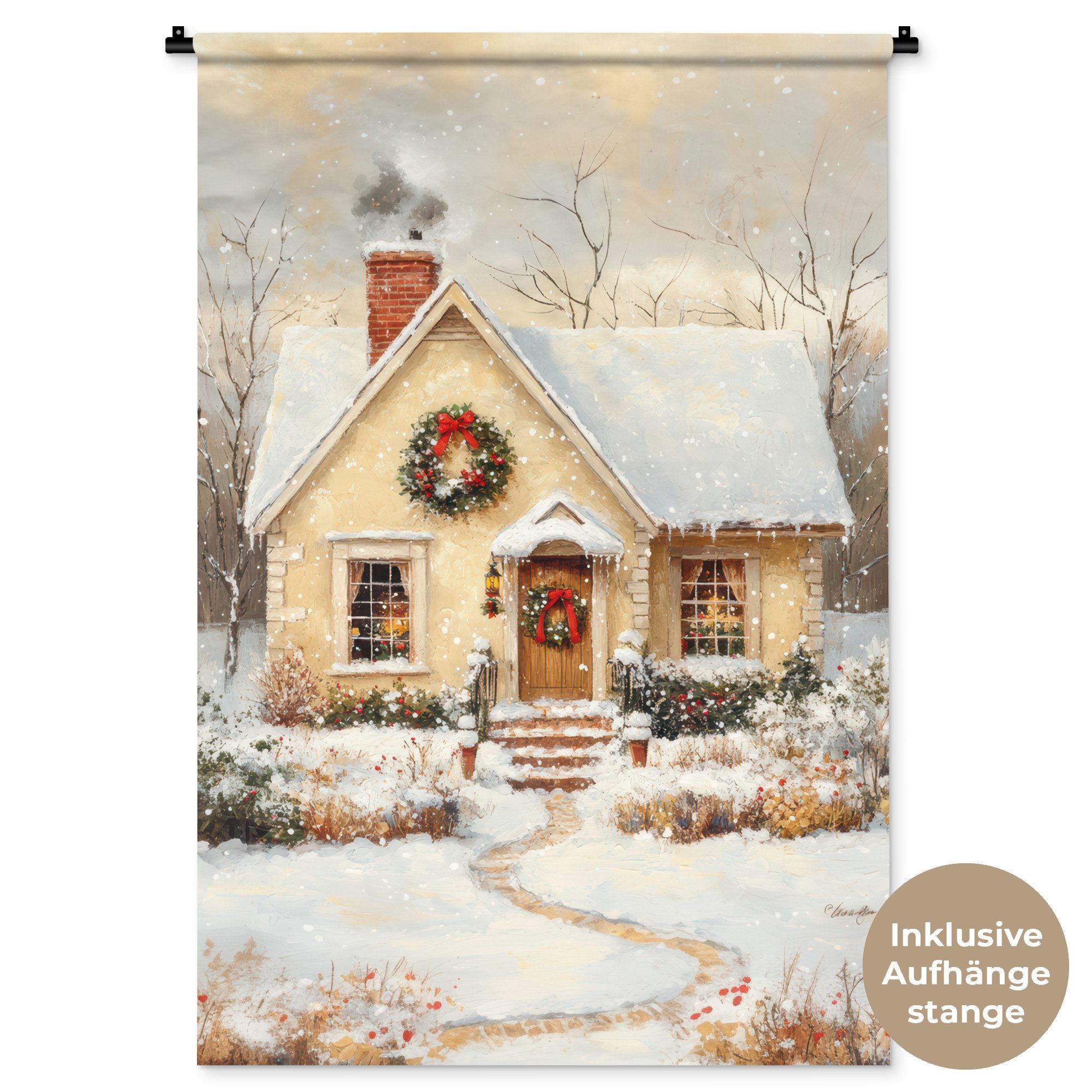 MuchoWow Wandteppich Weihnachten - Zuhause - Winter - Schnee, Rechteckig, Höhe: 3 mm, Wandtuch Wohnzimmer, Schlafzimmer, 90x135 cm