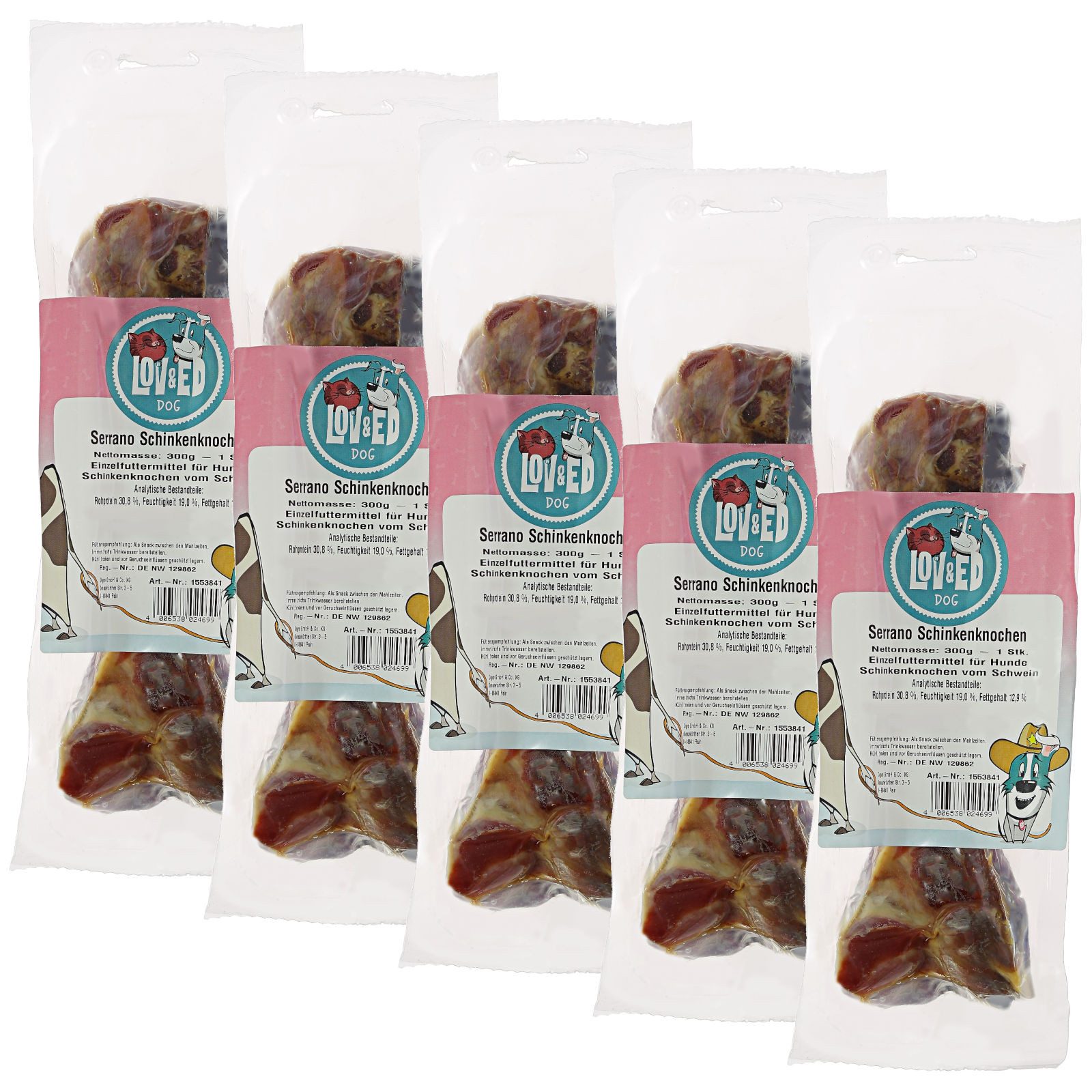 Lov&Ed Serrano Schinkenknochen für Hunde, 5x 300 g, Snack für: Hund