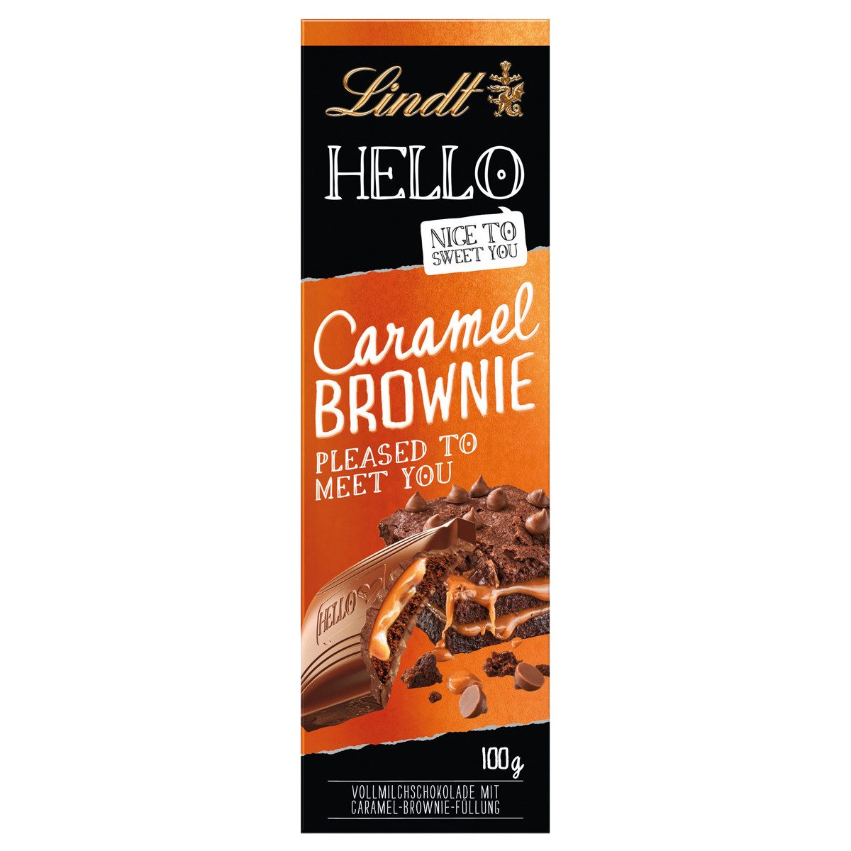LINDT Schokolade, Lindt Hello Tafel Caramel Brownie mit knusprigen Gebäckstückchen 100g