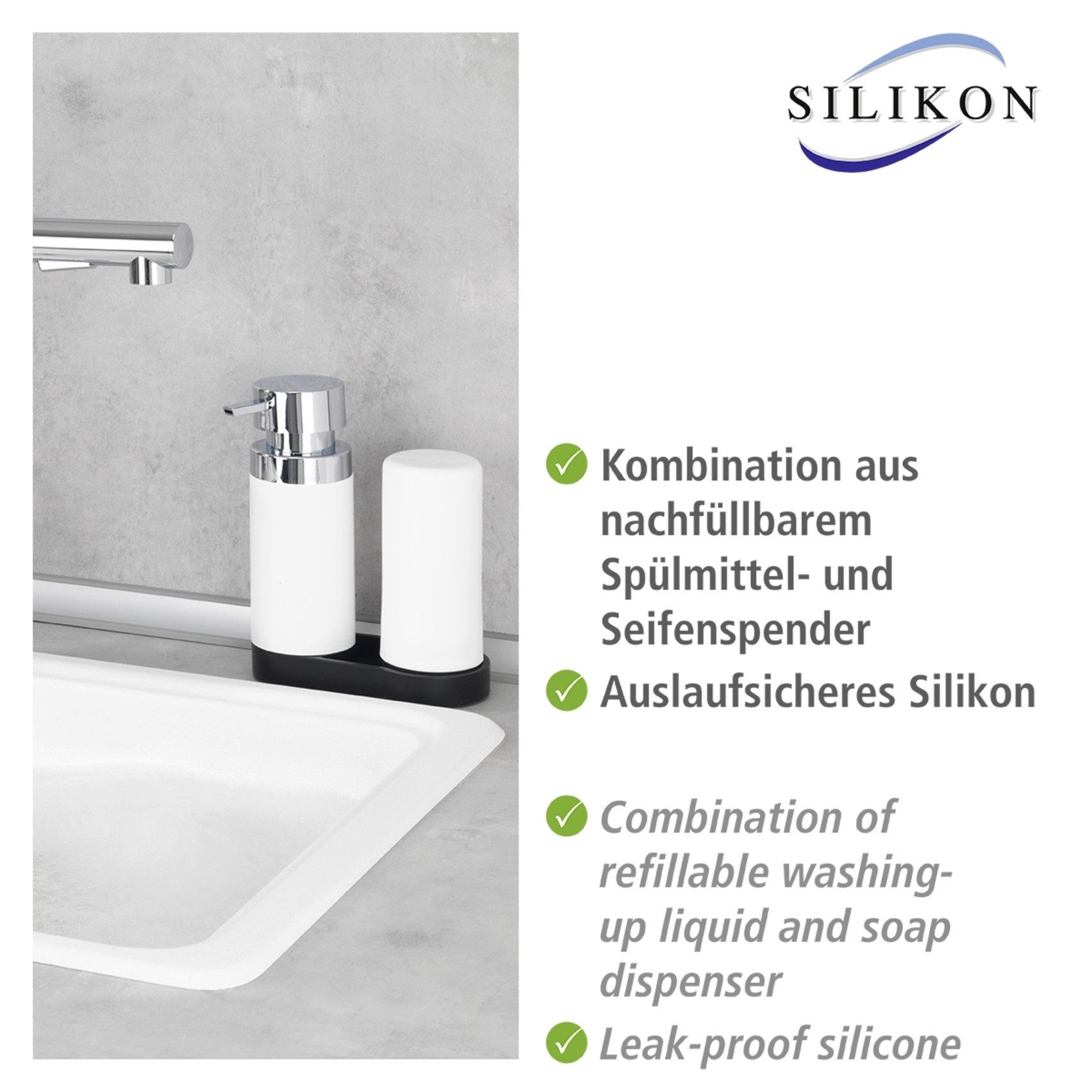 WENKO Spülmittelspender Modell Easy Squeez-e, Spülstation, Spülmittel- und Seifenspender aus Silikon, je 250 ml