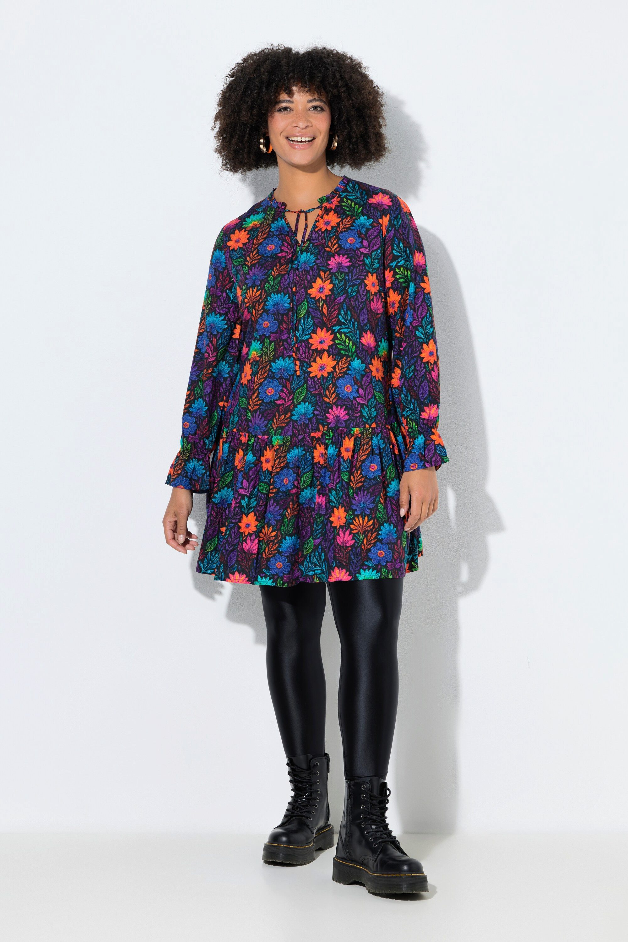 Longbluse Long-Bluse A-Linie Blütenmuster Volants