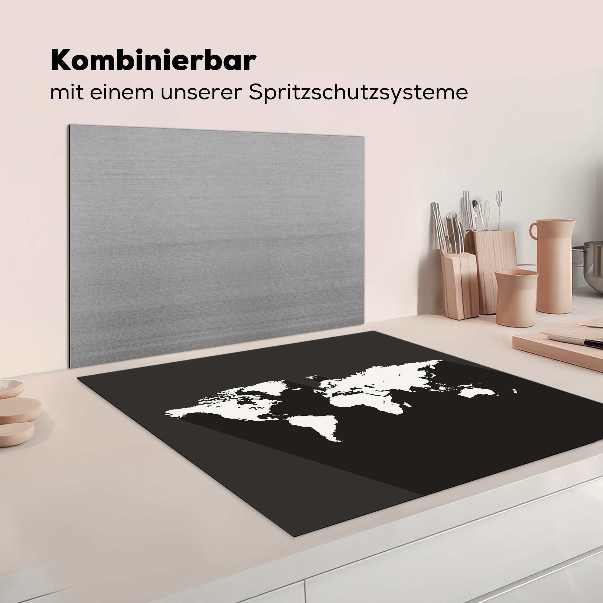 Ceranfeldabdeckung, und Arbeitsplatte (1 Vinyl, Schwarz küche Minimalismus - Weltkarte Herdblende-/Abdeckplatte für 78x78 tlg), - weiß, cm, MuchoWow