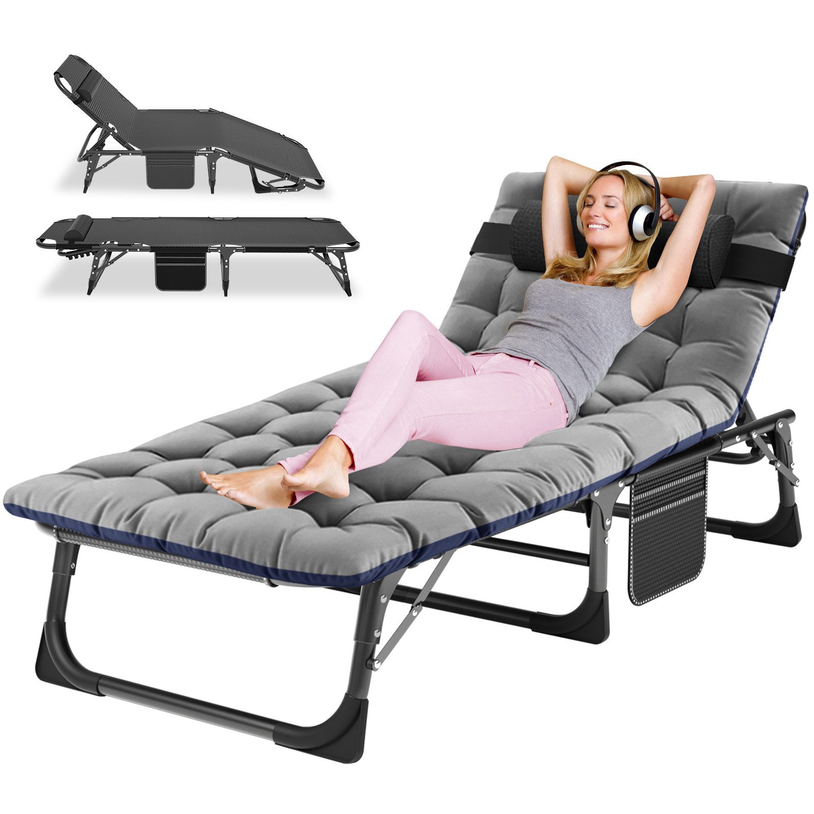 Meulbaty Klappstuhl Klappbar Sonnen Liege für Balkon, mit Auflage, Seitentasche&Kopfstütze (1 St), Einfache Verwenden und Transport, 200 kg Belastbarkeit