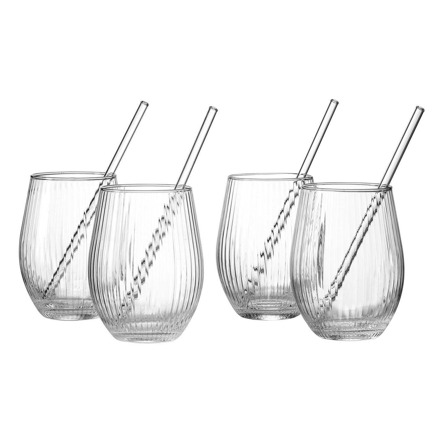 Ritzenhoff & Breker Стекло-Set 8-teilig PACA, Transparent, 590 ml, Streifenrelief, Glas, Spülmaschinengeeignet, mit 4 Strohhalmen