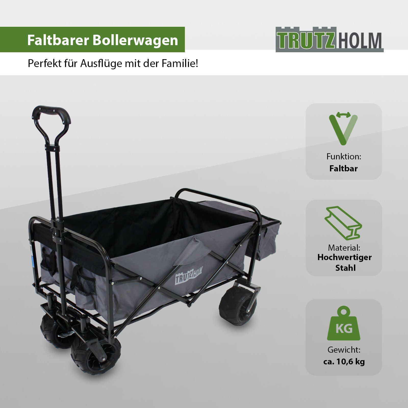 Bollerwagen Bollerwagen faltbar Breitreifen viele Fächer Grau, innen schwarz Falt-