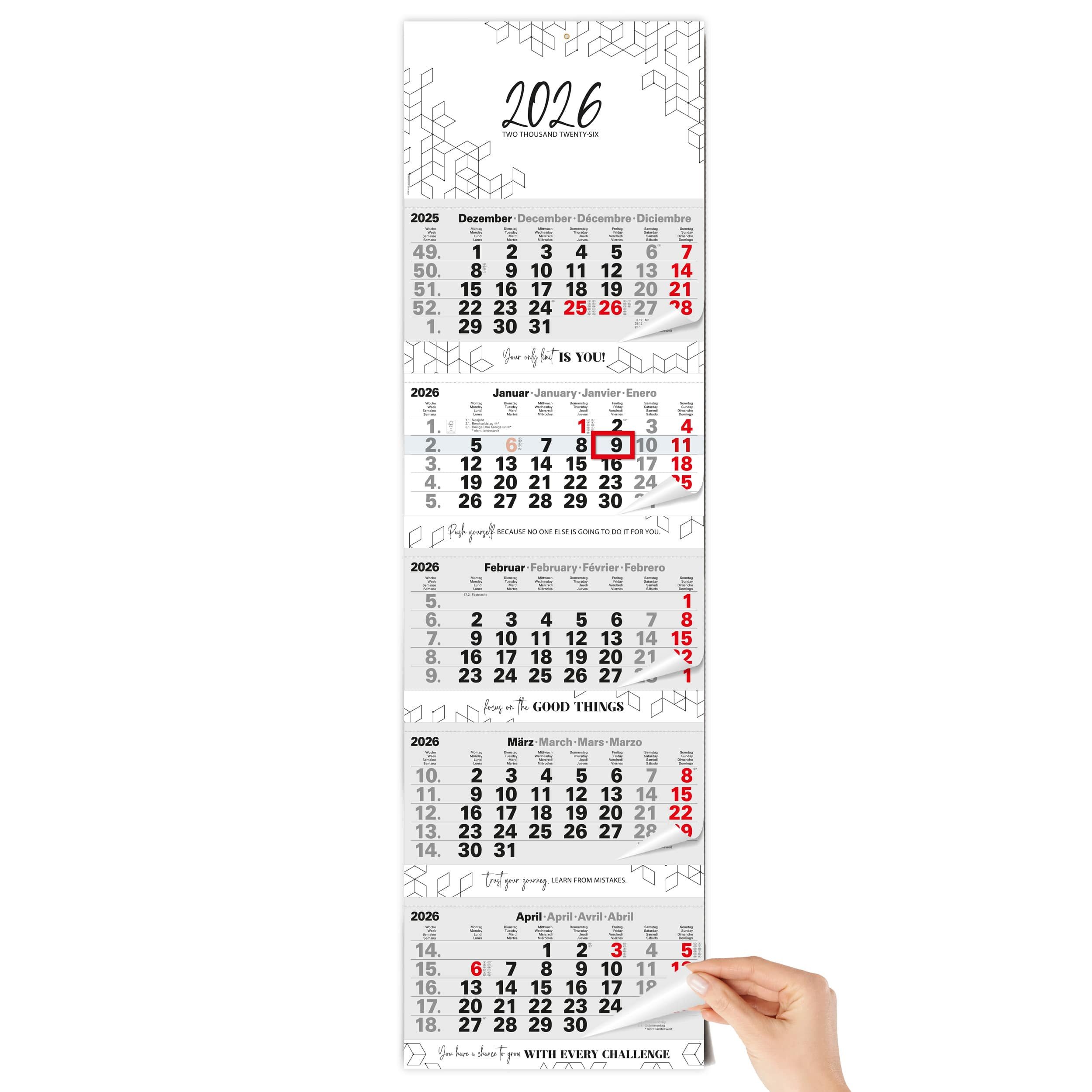 TOBJA Wandkalender 5 Monatskalender 2026 Wandkalender mit Schieber, Motivierende Sprüche, Kalender 2026 Wandkalender, 33 x 115 cm