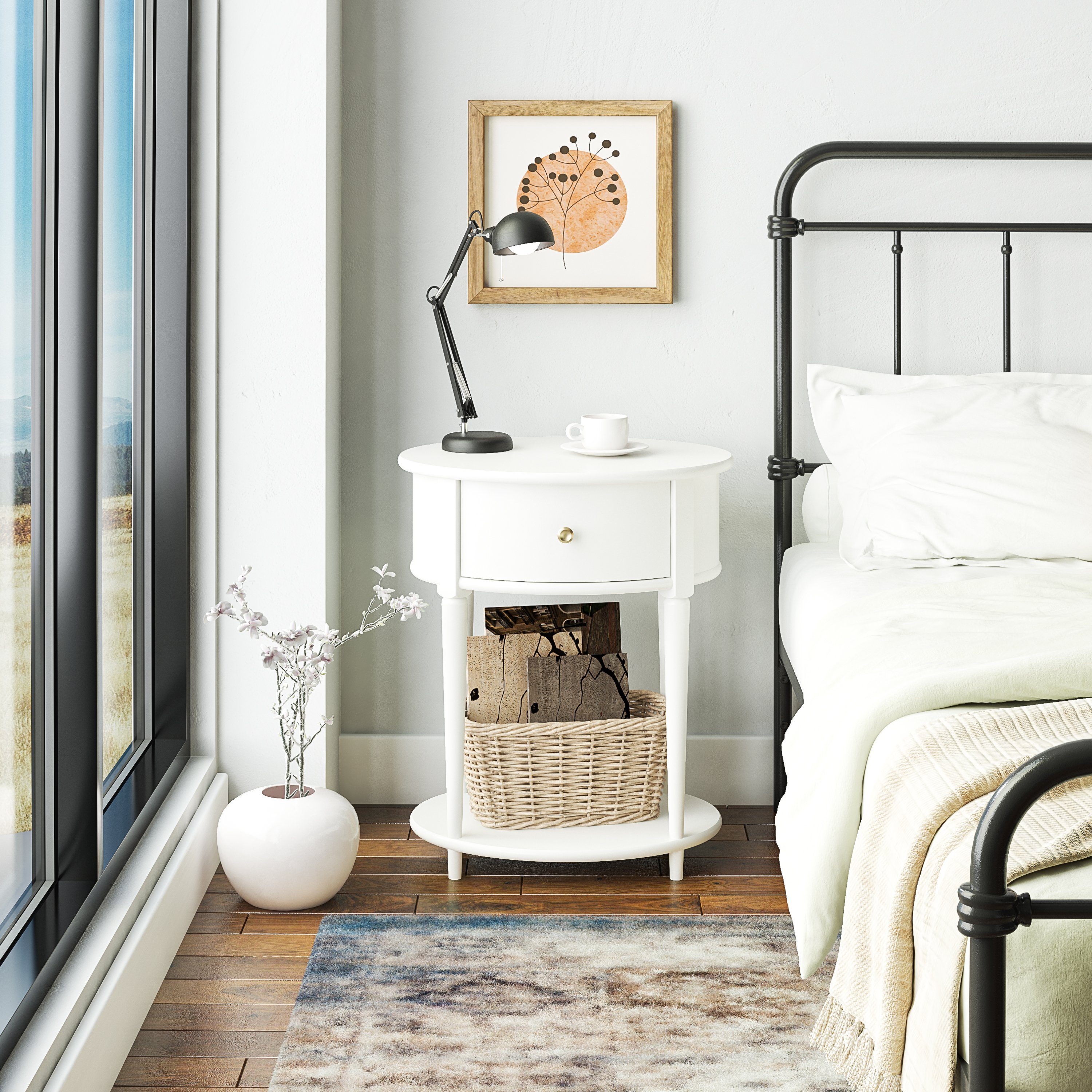 loft24 Nachttisch Jada - Nachtschrank Nachtkommode Nachtkonsole Beistelltisch, Beistelltisch mit Schublade, Wohnzimmertisch rund, Lampentisch, MDF