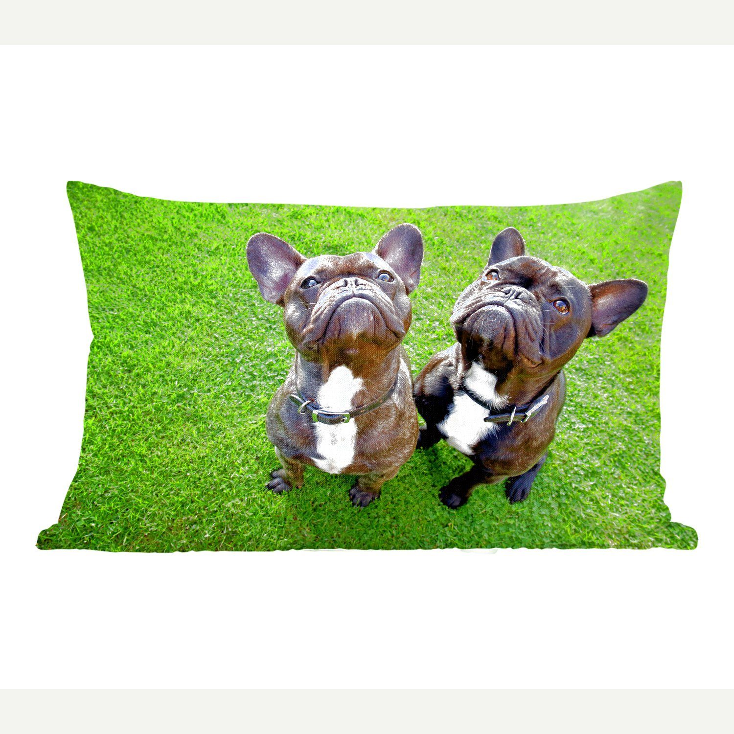 MuchoWow Dekokissen Französische Bulldogge - Gras - Halsband, Wohzimmer Dekoration, Zierkissen, Dekokissen mit Füllung, Schlafzimmer