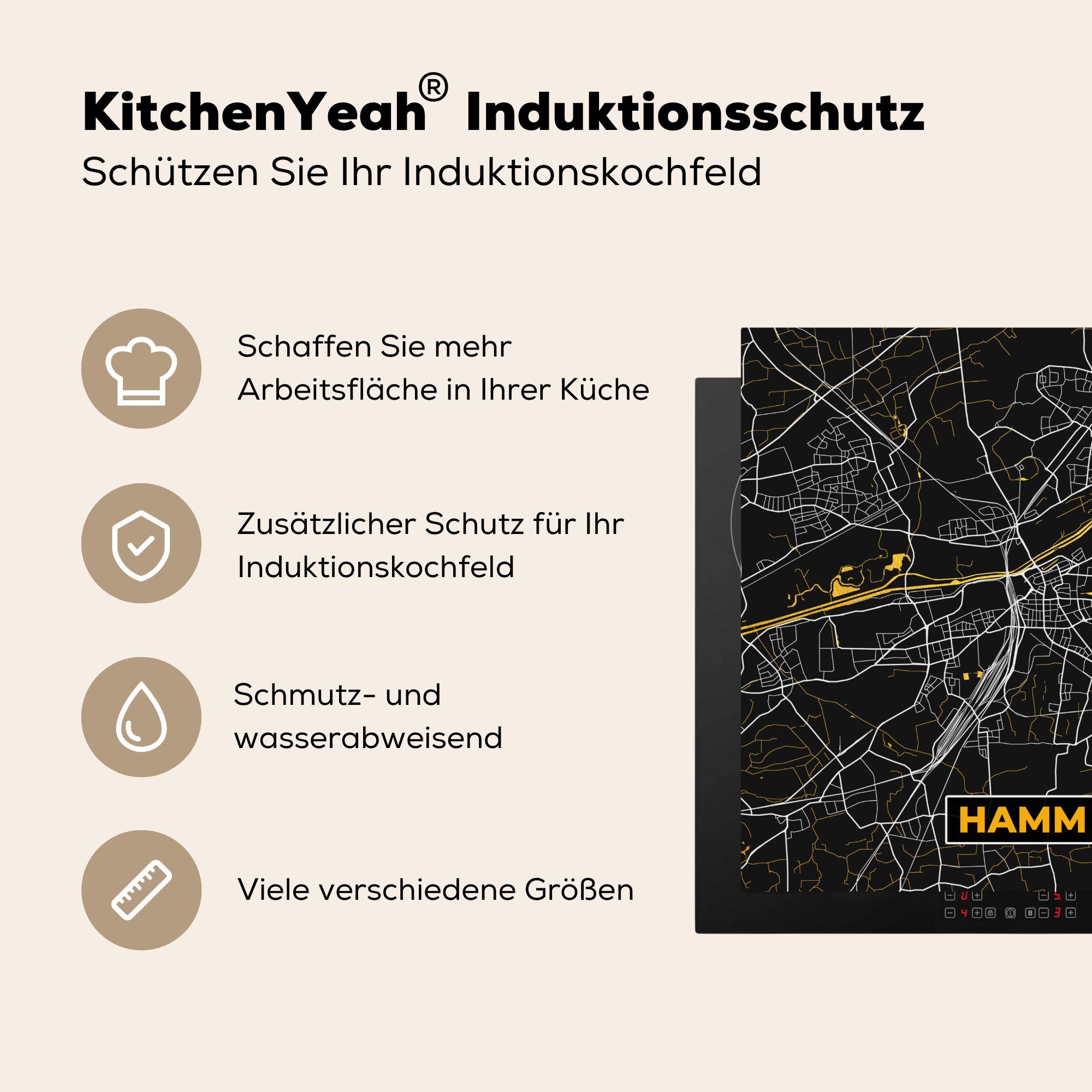 - - Karte - Arbeitsplatte Hamm Karte - Vinyl, tlg), Gold Herdblende-/Abdeckplatte küche 78x78 - (1 Deutschland cm, und Schwarz MuchoWow -, Ceranfeldabdeckung, für Gold