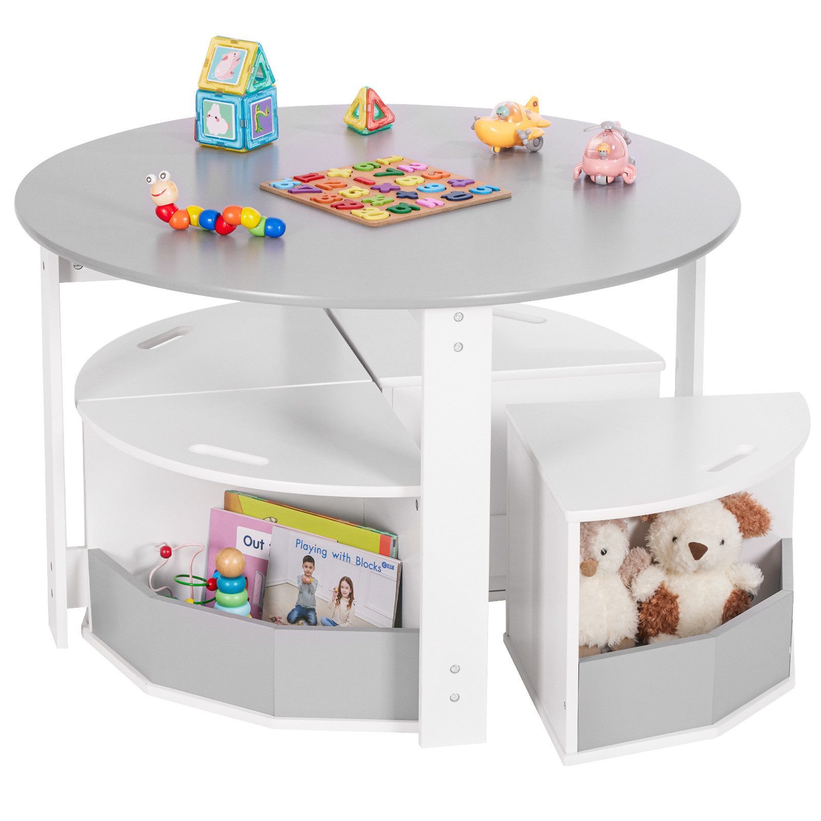 Yorbay Kindersitzgruppe Groß mit vielem Stauraum, 4 multifunktionaler Стульяn, (5-tlg., ⌀79 x 51 cm, Kindertisch mit kombinierbarer Стульяn, Runden Tisch)