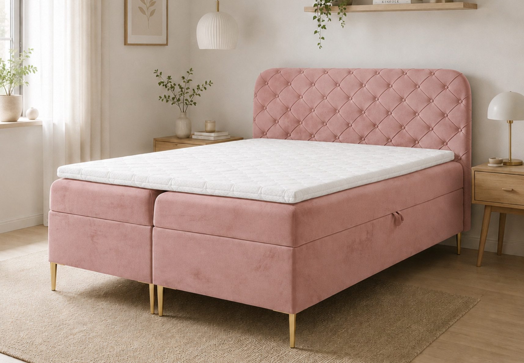 Home Collective Boxspringbett Doppelbett Bett mit Stauraum, Matratze & Topper, viele Größen (inkl. Bonnell-Federkern, Schaumstoff-Topper und 2 Bettkästen), modernes Design mit Knopfheftung und Metallfüßen Altrosa