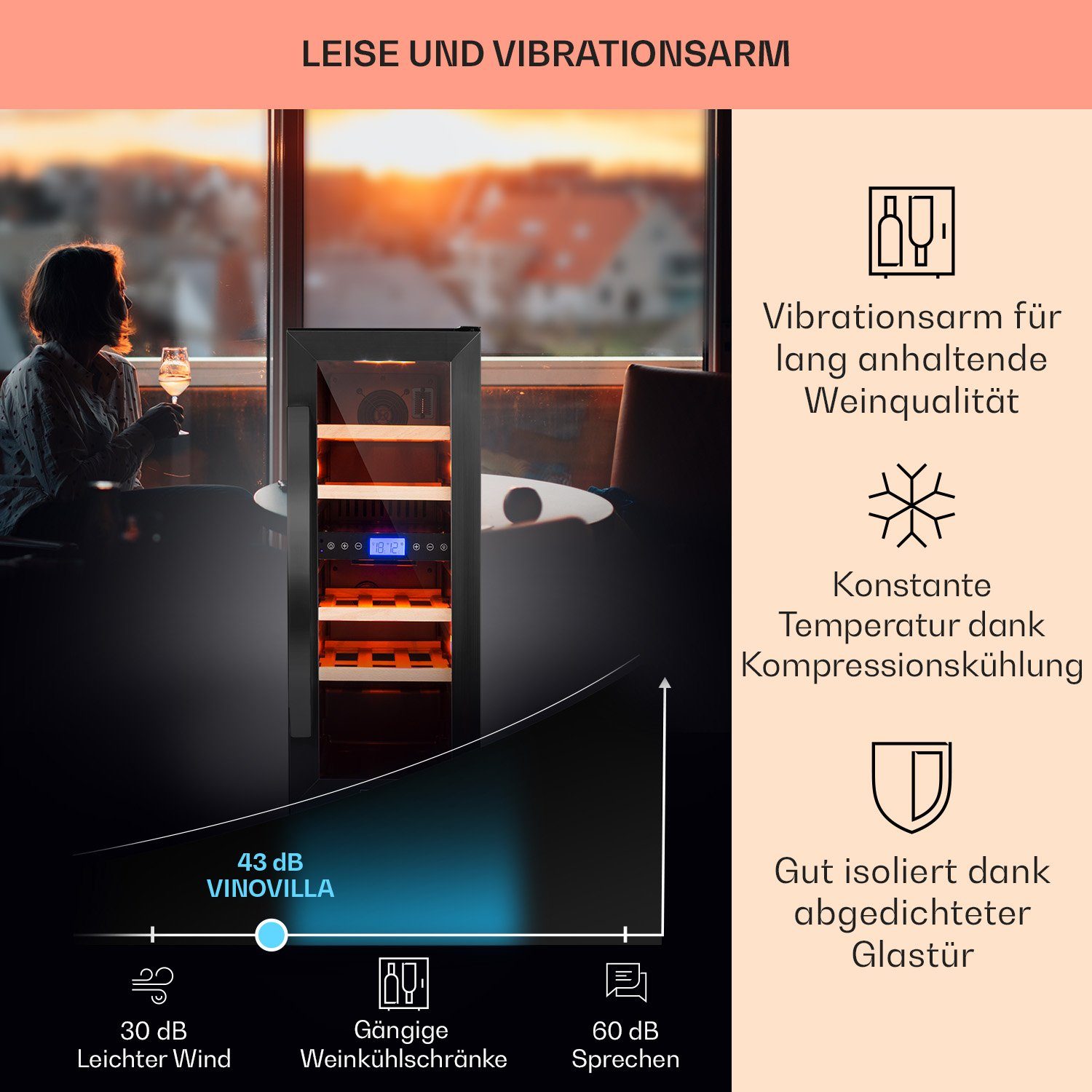 Klarstein Weinkühlschrank Vinovilla 17 Built-in Duo Weinkühlschrank 53 L 17 Fl. 2 Zonen, für 17 Standardflaschen á 0,75l,2 Zonen Wein Flaschenkühlschrank Weinte – Bild 5 von 5