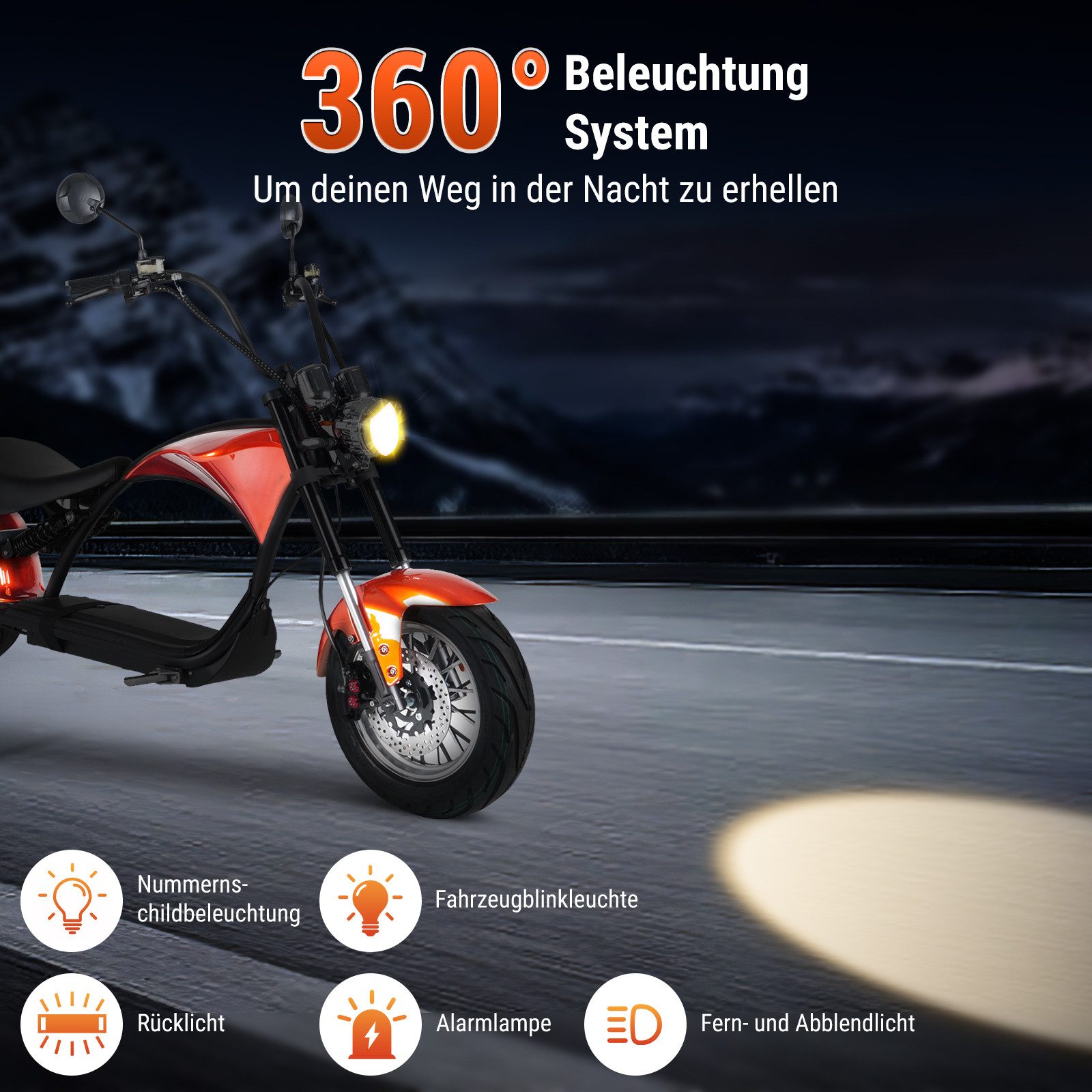 Vankel E-Motorroller M1P-orange 60V 2000W Motor 30AH 45km/h Bis zu 100km, 45 km/h, 100 km Reichweite, scheibenbremsen, StoBdämpfer vorne und hinten