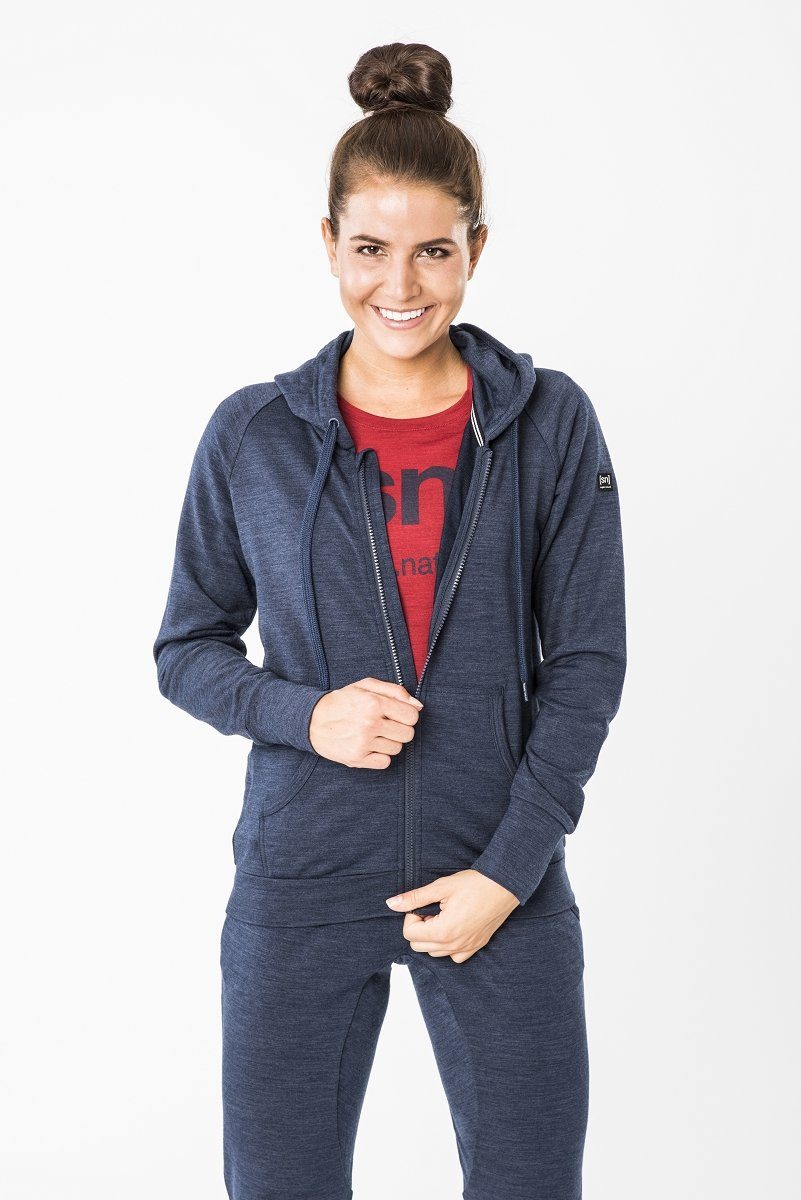 HOODIE IRIS BLUE ZIP optimaler Hoodie Merino Sweatjacke ESSENTIAL W SUPER.NATURAL MELANGE Merino-Materialmix