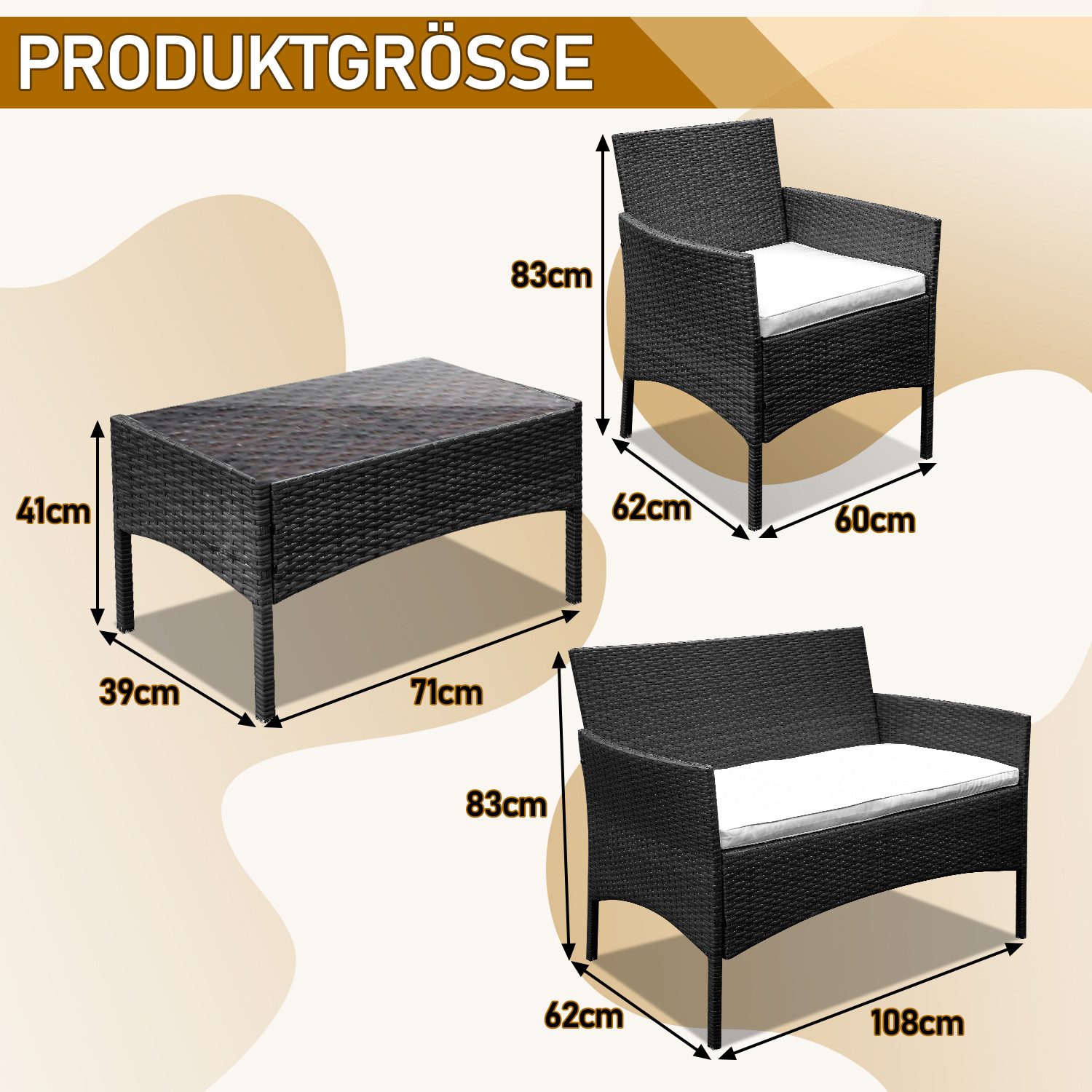 Clanmacy Gartenlounge-Set 4-tlg Wetterfeste Polyrattan Sitzgruppe für 4 Personen Schwarz, (4-tlg) – Bild 2 von 5