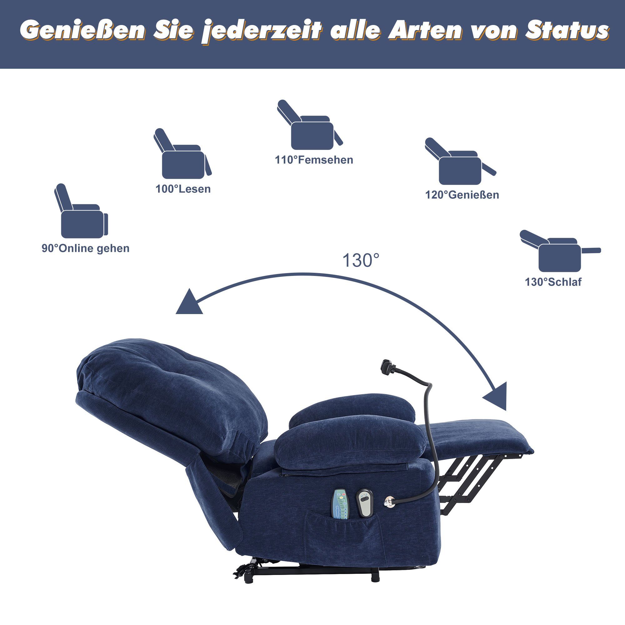 Relaxsessel Wärmefunktion Loungesessel Blau/Grau Halterung Massagesessel Odikalo gepolstert