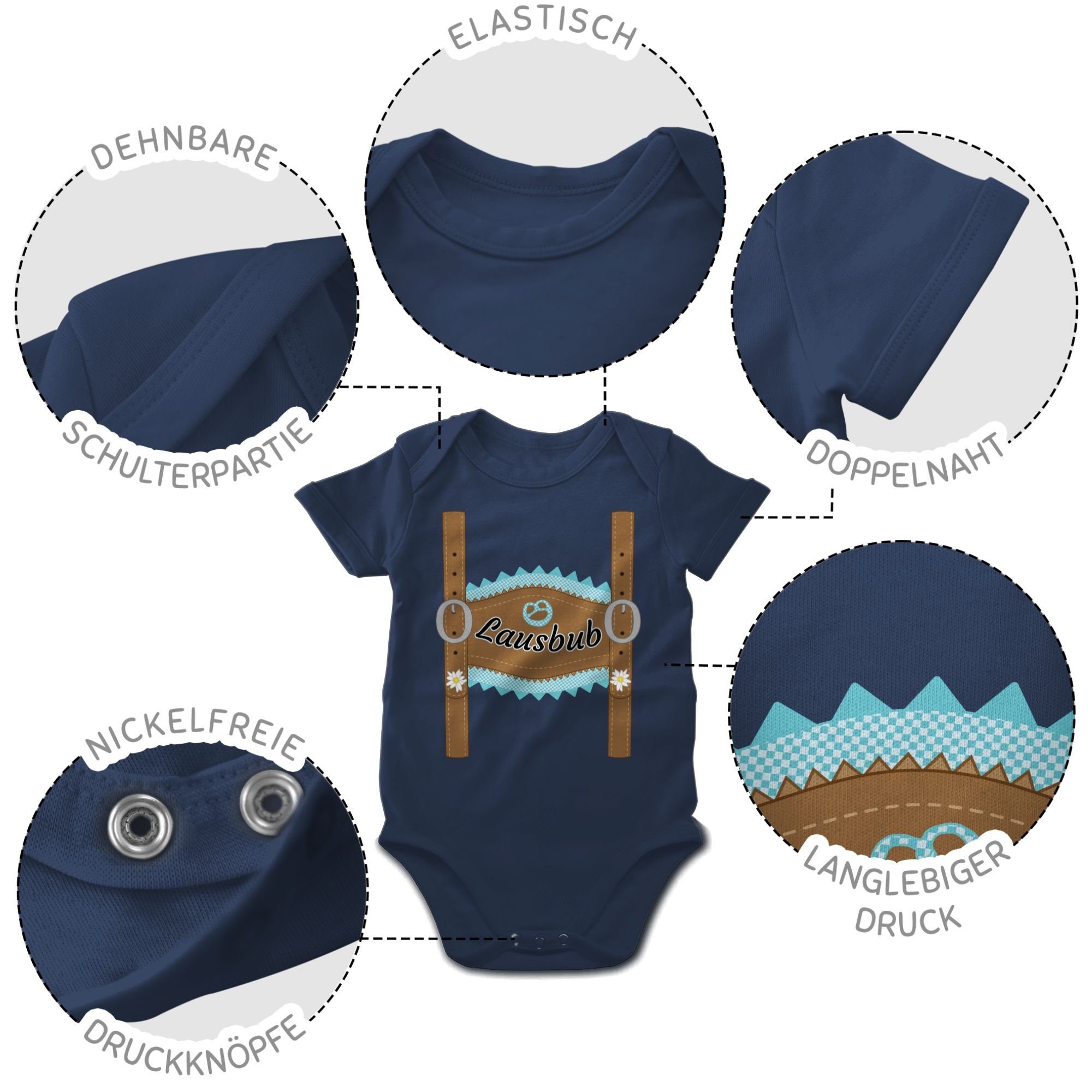 Lederhose Lausbub Outfit Oktoberfest Shirtbody Mode Navy Baby Blau 1 Shirtracer für