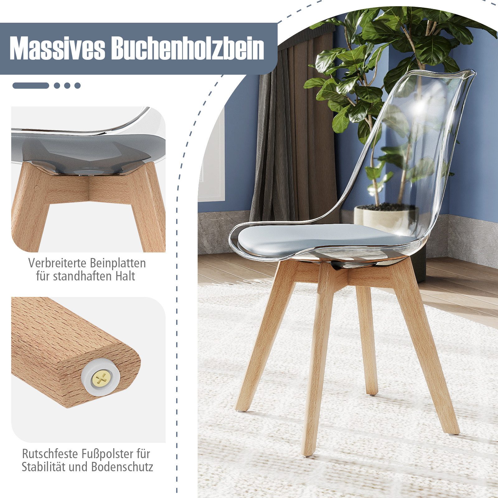 COSTWAY Esszimmerstuhl, 4er Set, gepolstert, transparent mit Massivholz Beine 150kg