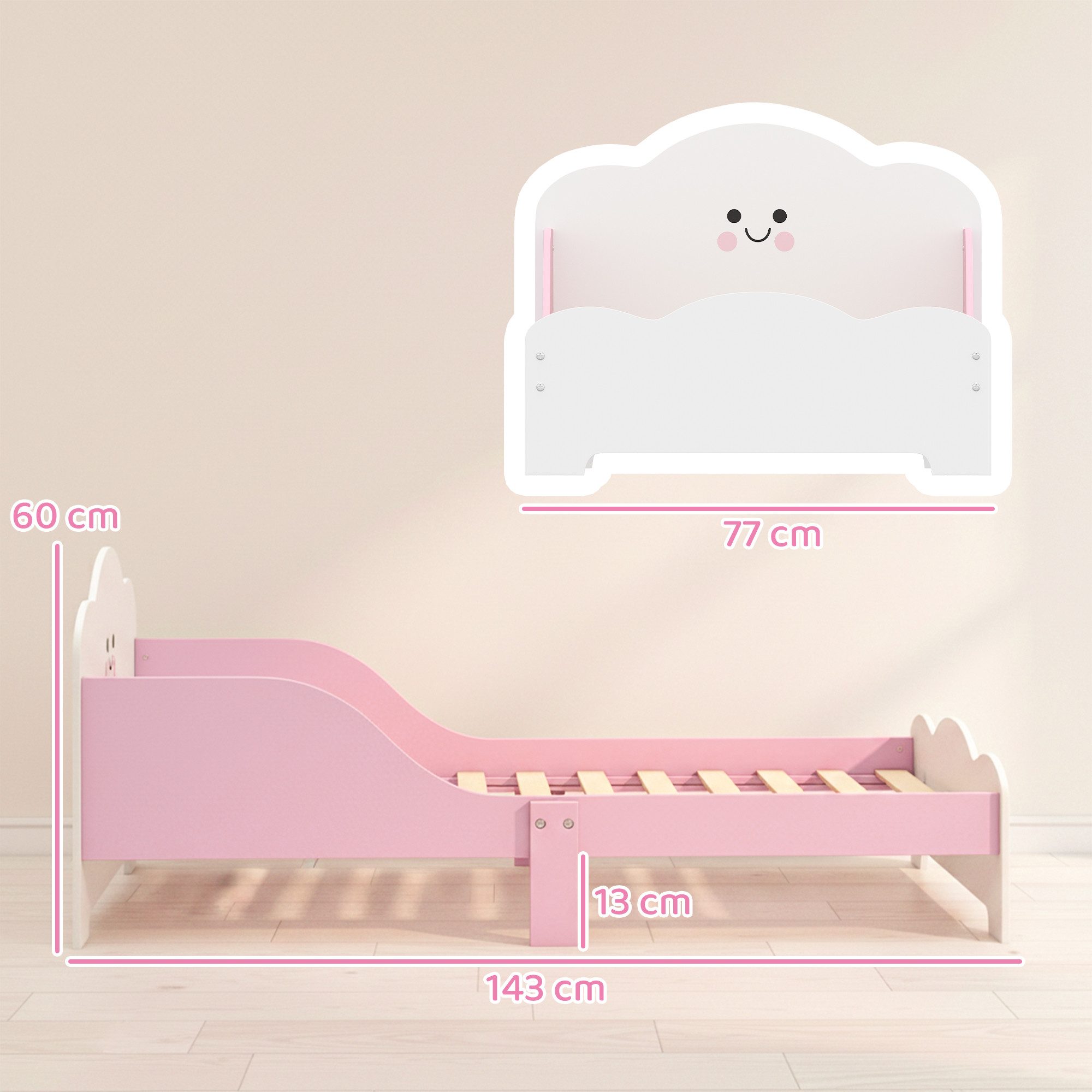 AIYAPLAY Kinderbett Kleinkindbett mit Rausfallschutz und Lattenrost, Jugendbett, Rosa (Einzelbett, 1-tlg., Bett mit Schutzgitter, ohne Matratze), Montessori-Bodennah, erhöhtes Schutzgitter