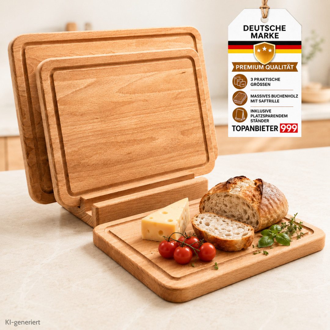 Topanbieter999 Schneidebrett einzeln/ Set Premium Buche Made in EU, Massives Buchenholz geölt, lebensmittelecht, Saftrille