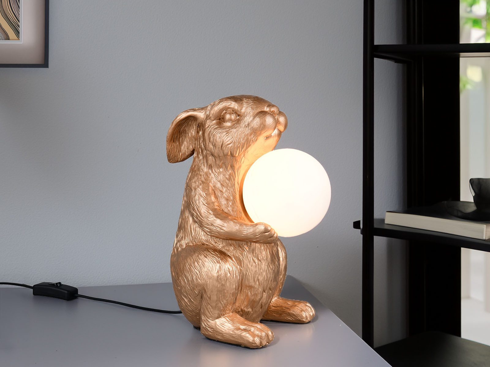 Reality Leuchten LED Nachttischlampe, Dimmfunktion, LED wechselbar, warmweiß, besondere Tischlampe ausgefallen-e Hasenlampe Gold, Höhe 28cm