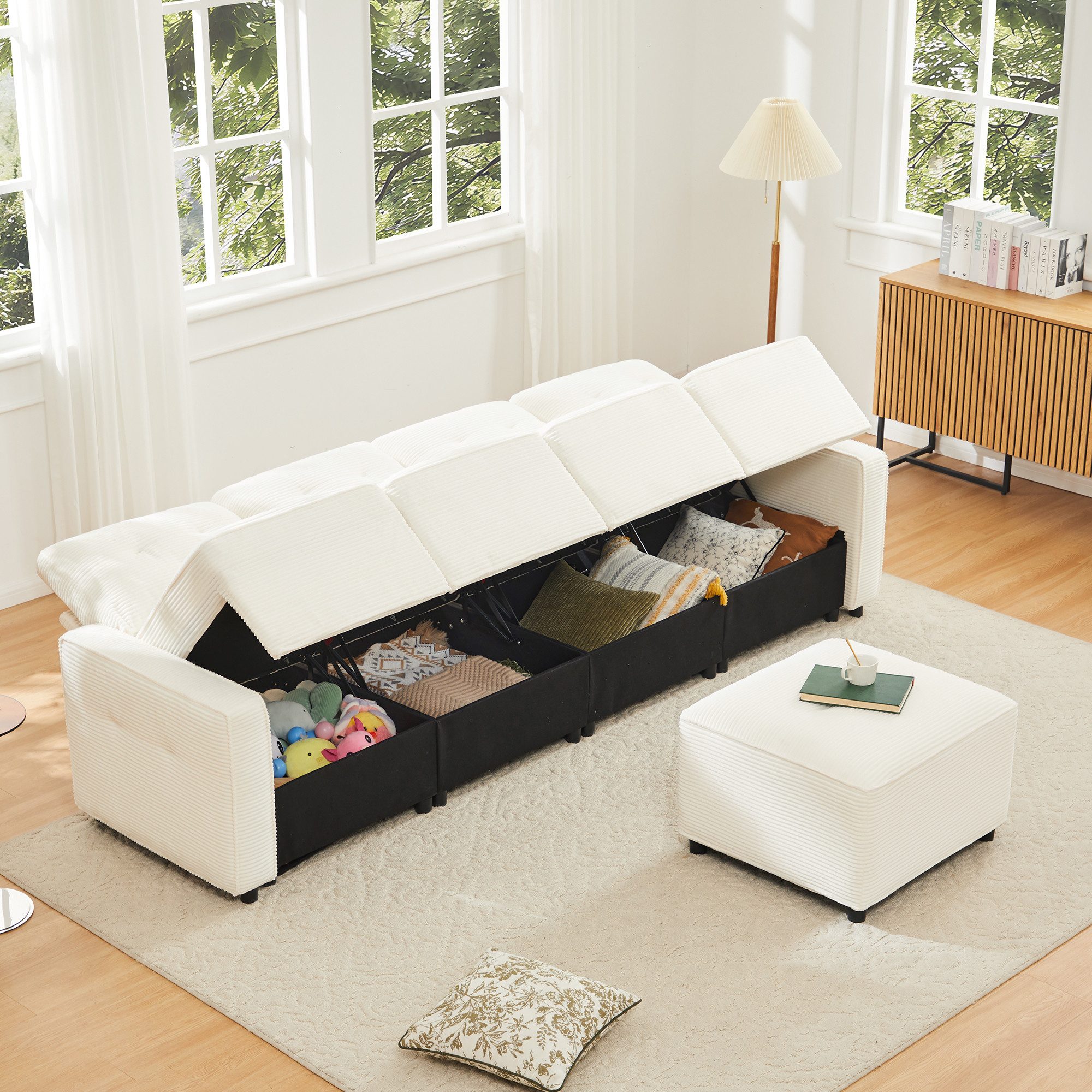 Flieks 4-Sitzer Sofa mit hydraulisches Stauraum und 1 Hocker, L280xT83xH85 cm, L-förmiges Sofa Ecksofa Polstersofa inkl. Kissen, Cordstoff Beige