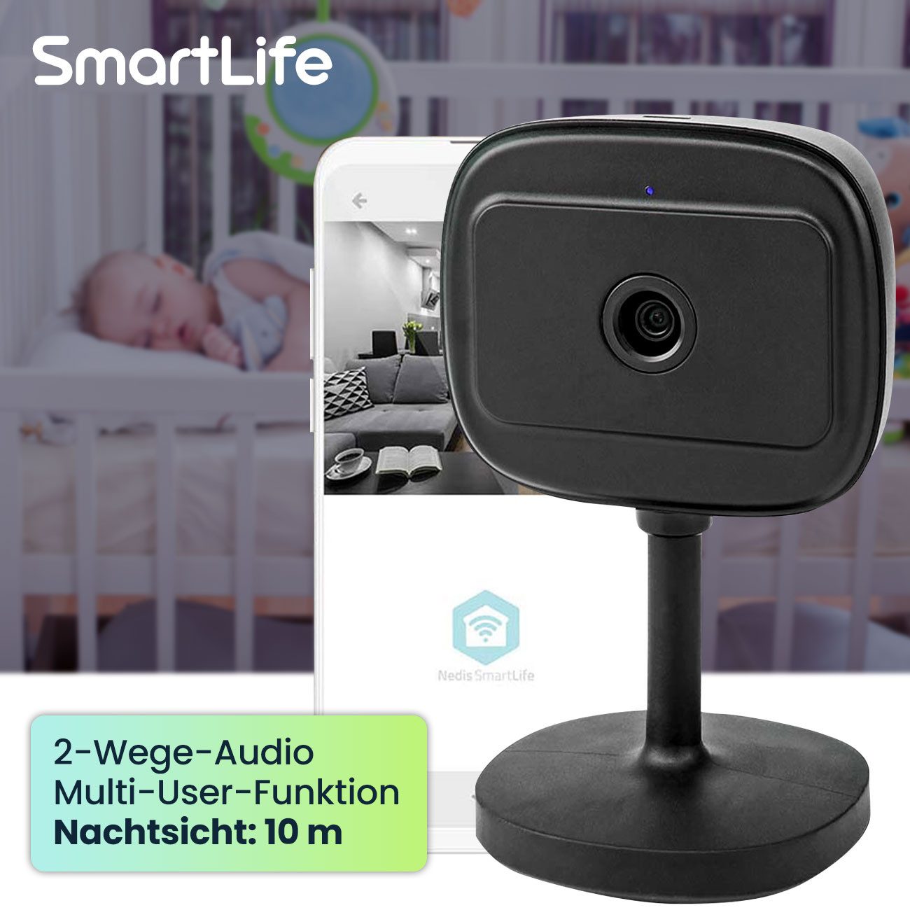 Nedis IP-Überwachungskamera Full-HD WLAN IP-Kamera, SmartLife, Nachtsicht, PIR, App, Schwarz (Full-HD WLAN-Kamera mit PIR-Sensor, App-Steuerung & 2-Wege-Audio)