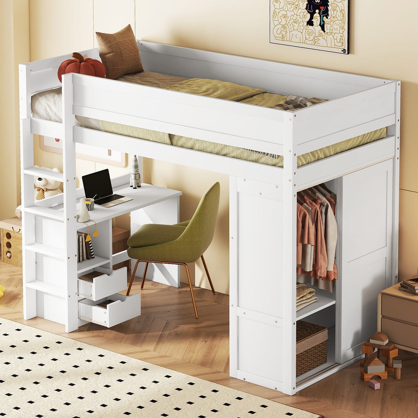 SOFTWEARY Hochbett mit Lattenrost, Schreibtisch und Kleiderschrank (90x200 cm) Kinderbett mit Rausfallschutz