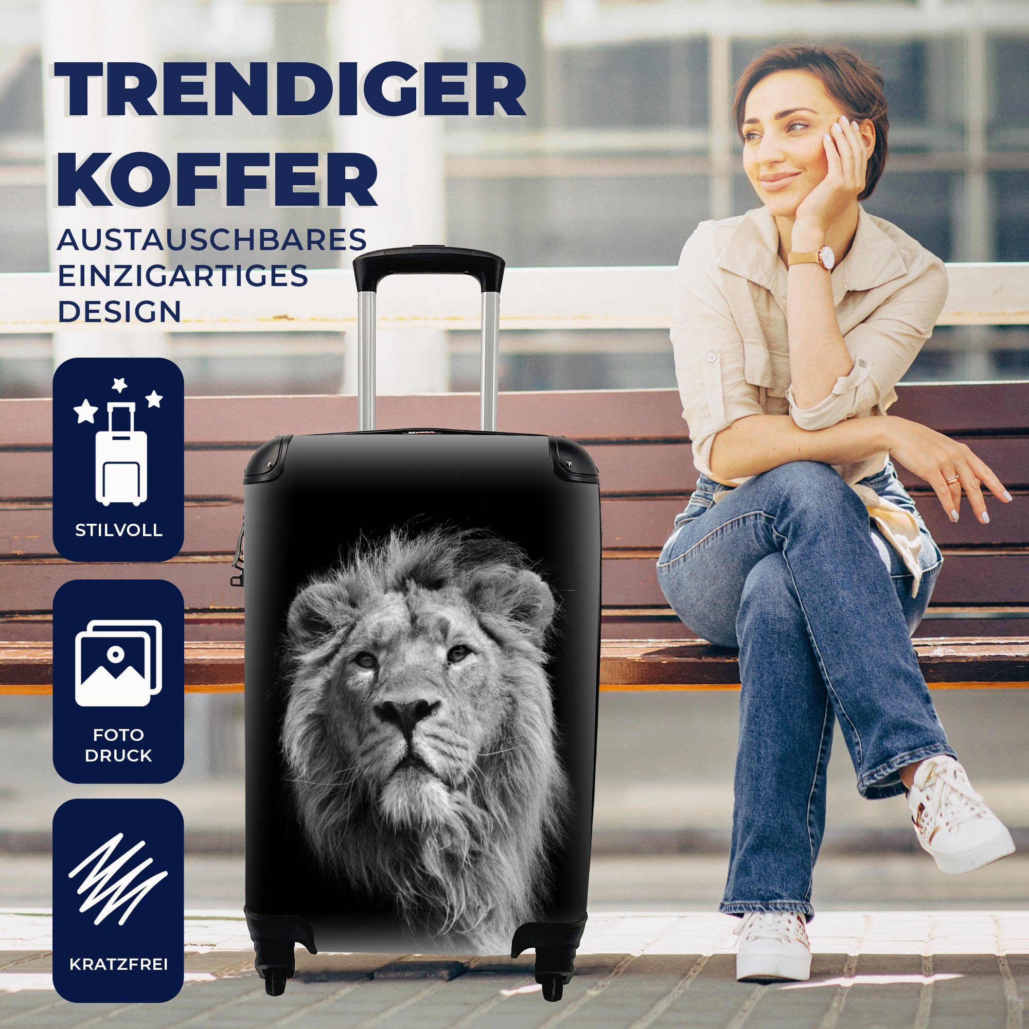 mit rollen, Handgepäckkoffer Ferien, 4 für Weiß, Trolley, Löwe Rollen, Reisetasche Reisekoffer und Asiatischer in Handgepäck MuchoWow Schwarz schwarzem Hintergrund vor