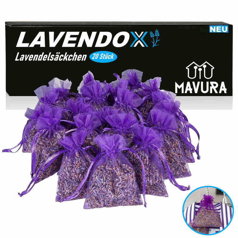 Lavendelbeutel LAVENDOX Lavendelsäckchen Lavendelkissen Mottenschutz Premium, MAVURA, Duftsäckchen Lavendel Schrankduft Organza Duft Säckchen [20er Set]