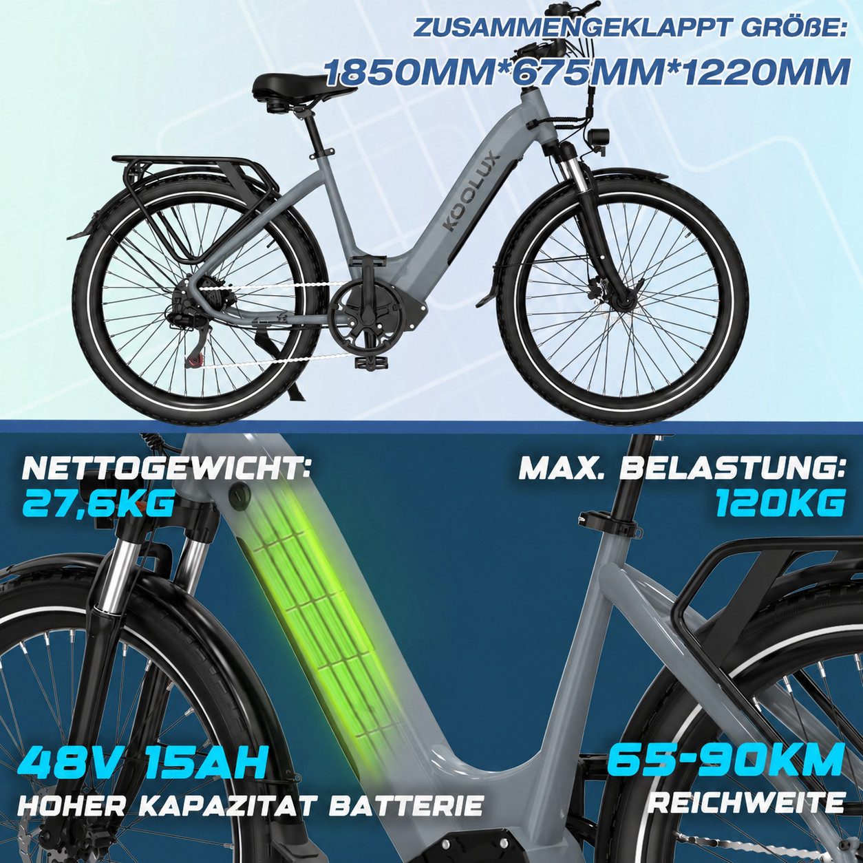 KOOLUX E-Bike Elektrofahrrad für Damen/Herren Reichweite 65-90 km elektro-cityrad, Heckmotor, 720 Wh, 27,5" Elektrofahrrad 7-Gang Shimano 48V15AH Herausnehmbare Batterie