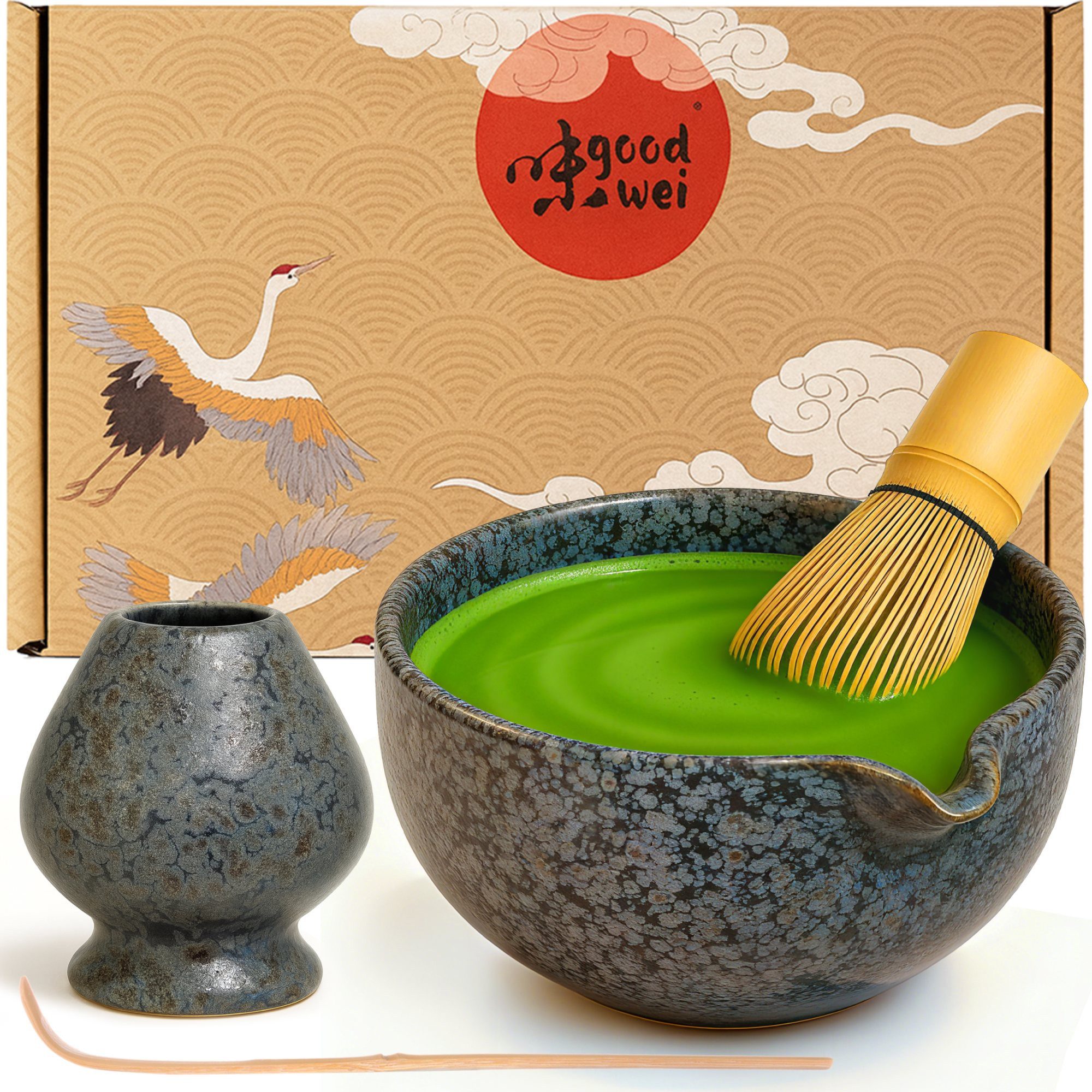 Goodwei Teeservice Matcha-Set "Shado" 80 mit Halter (4-tlg), 1 Personen, Keramik, handgearbeitet